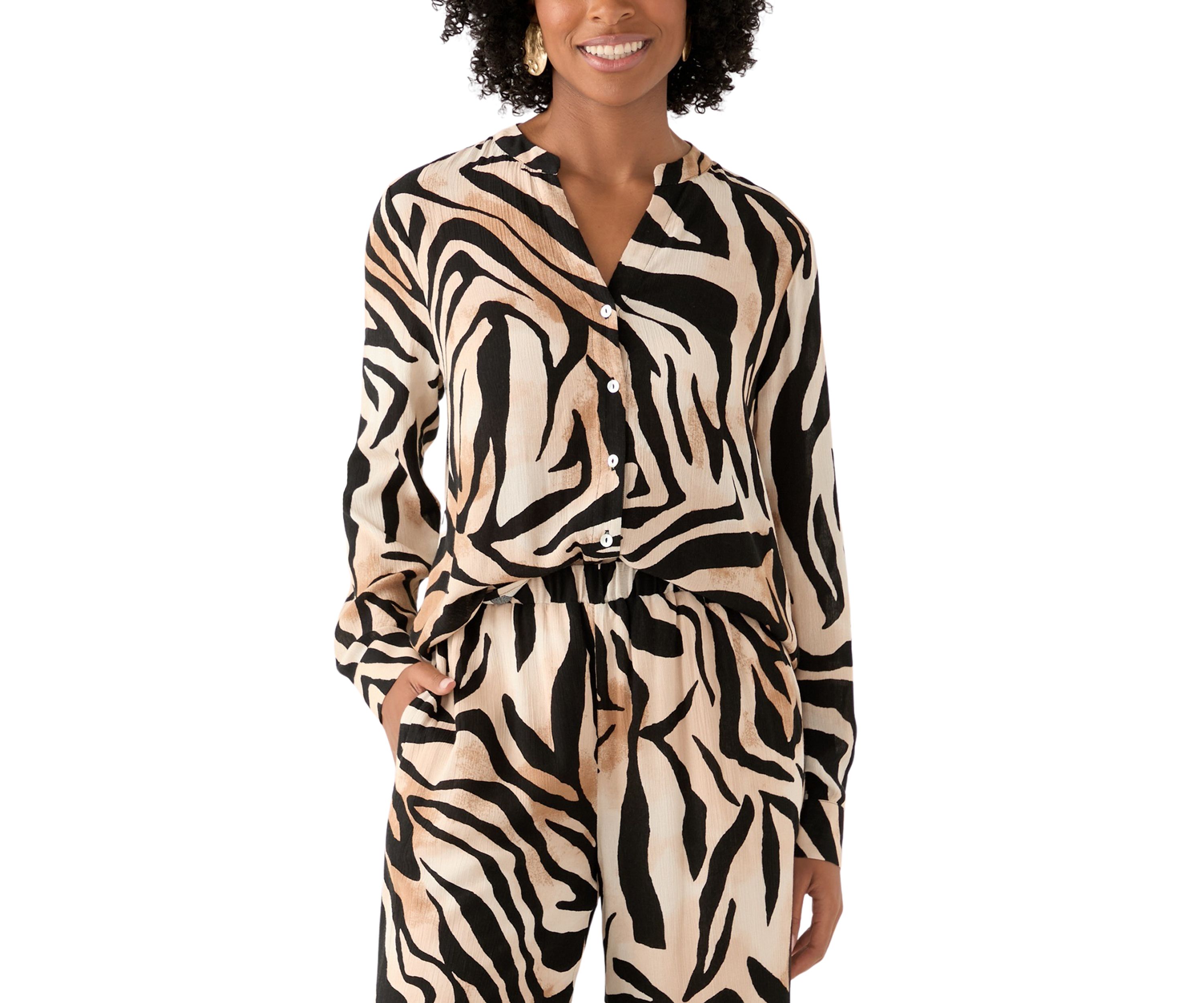 Womens Zebra Printed Button Front Split Neck Blouse