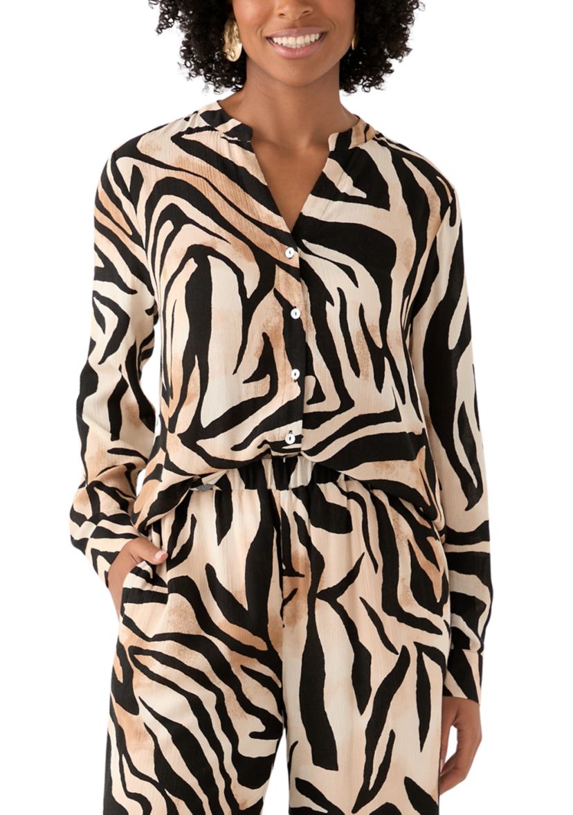 Womens Zebra Printed Button Front Split Neck Blouse