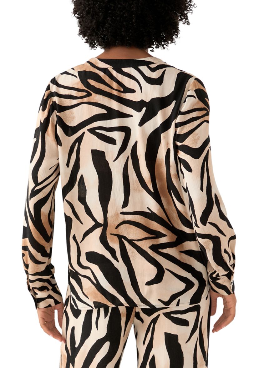 Womens Zebra Printed Button Front Split Neck Blouse