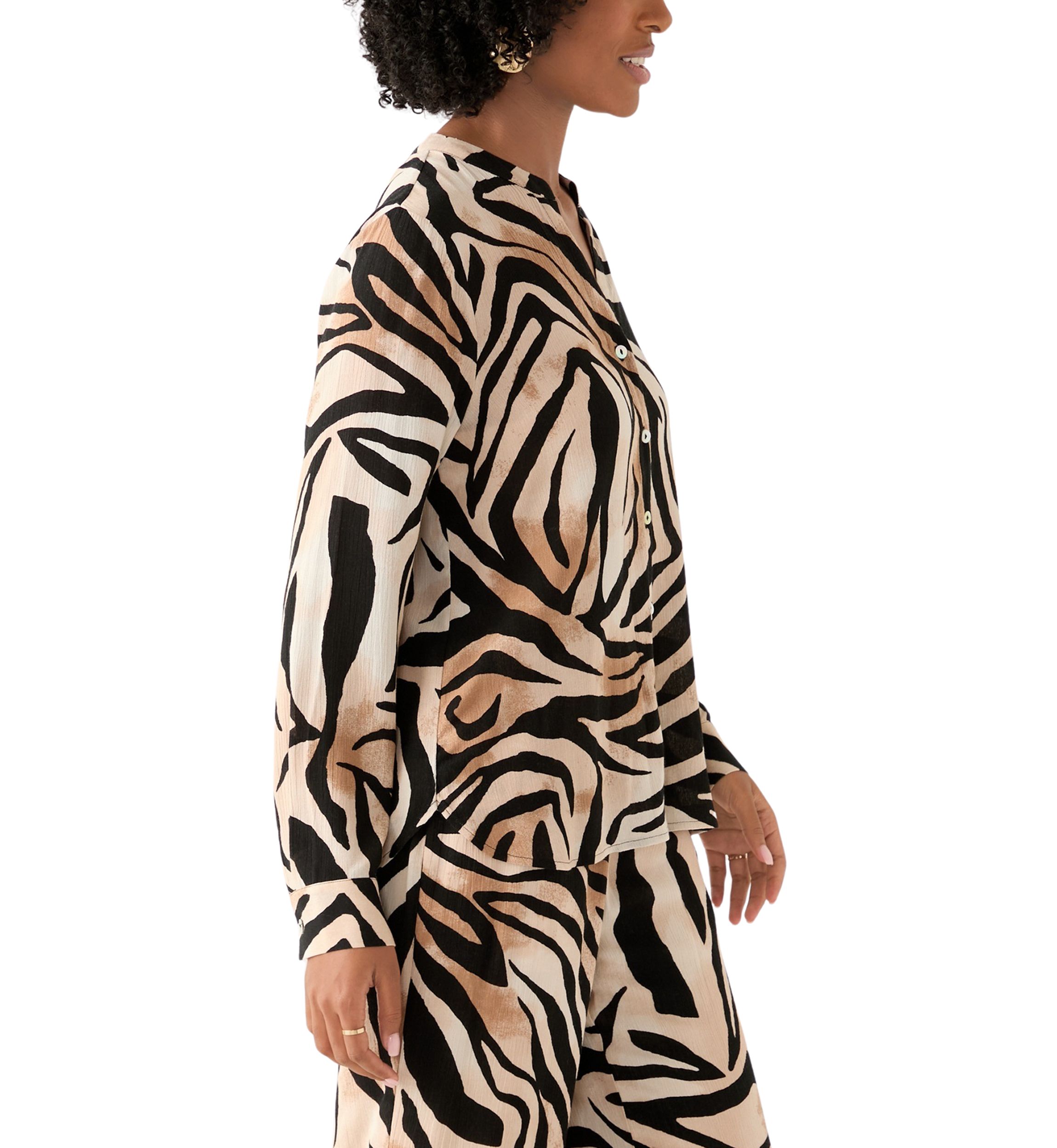 Womens Zebra Printed Button Front Split Neck Blouse