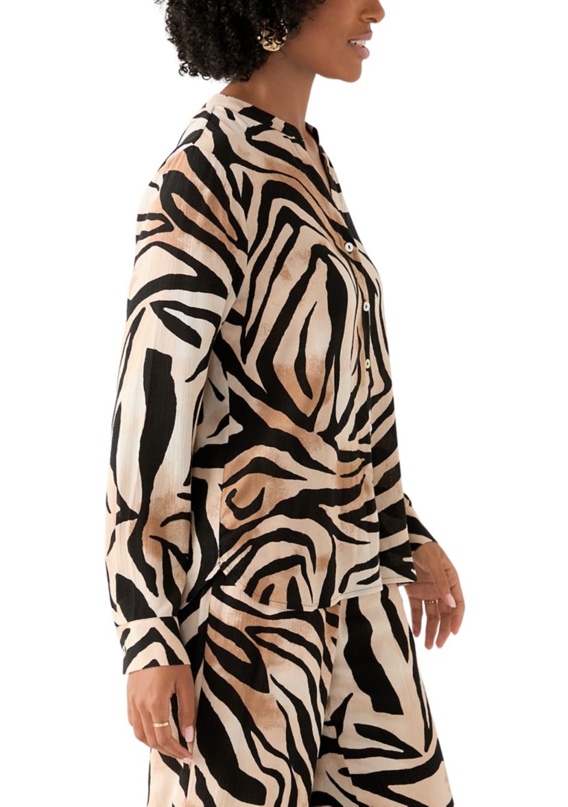 Womens Zebra Printed Button Front Split Neck Blouse