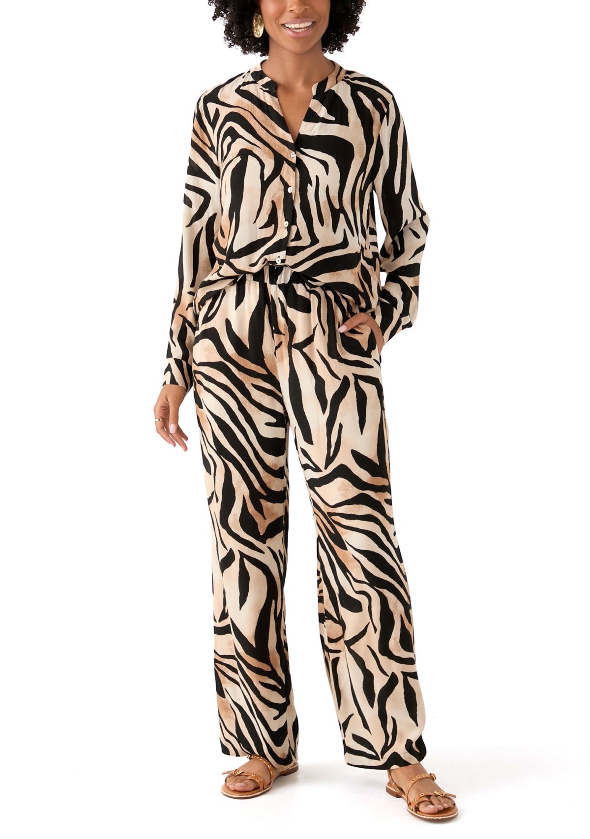 Womens Zebra Printed Button Front Split Neck Blouse