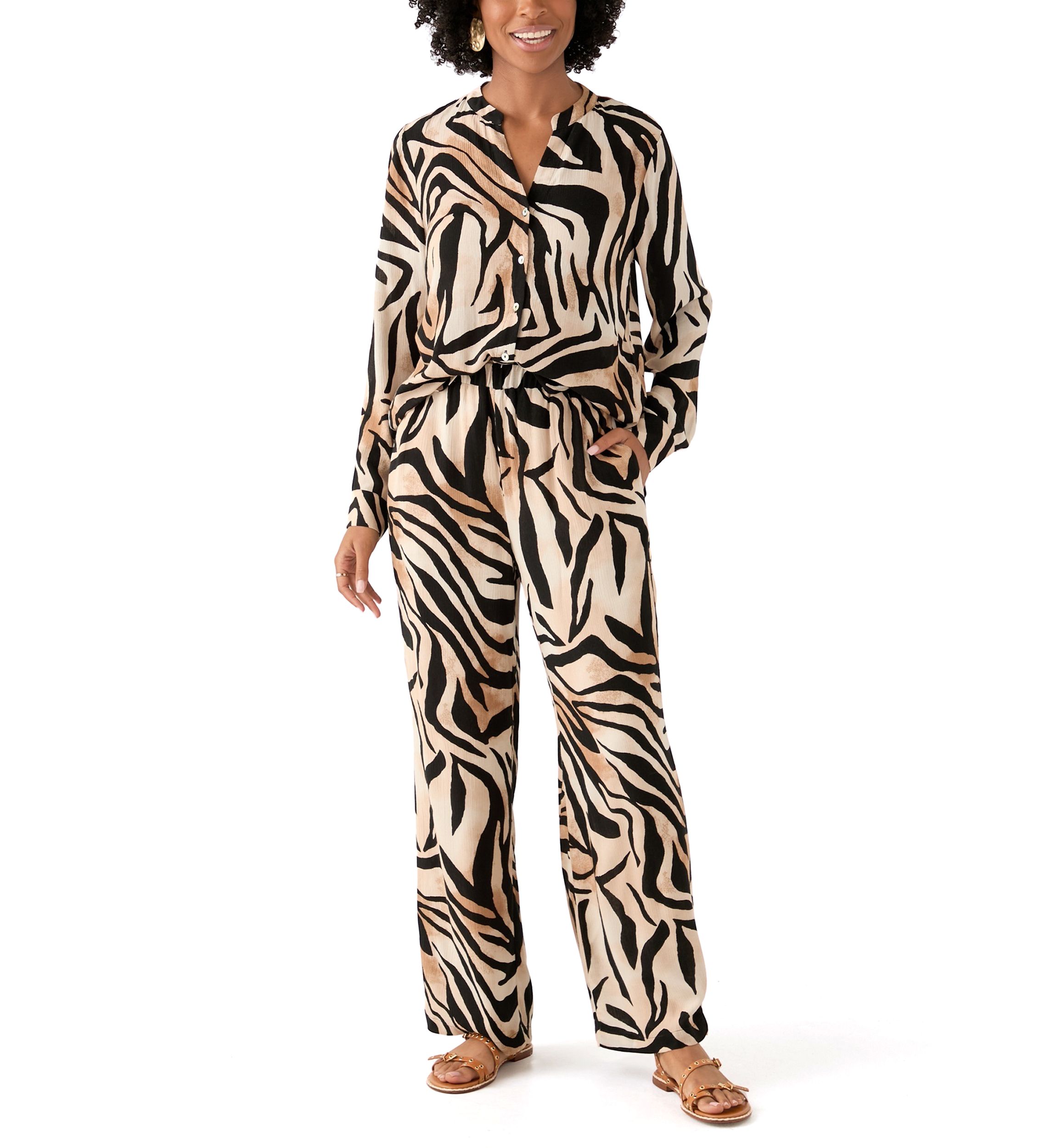 Womens Zebra Printed Button Front Split Neck Blouse