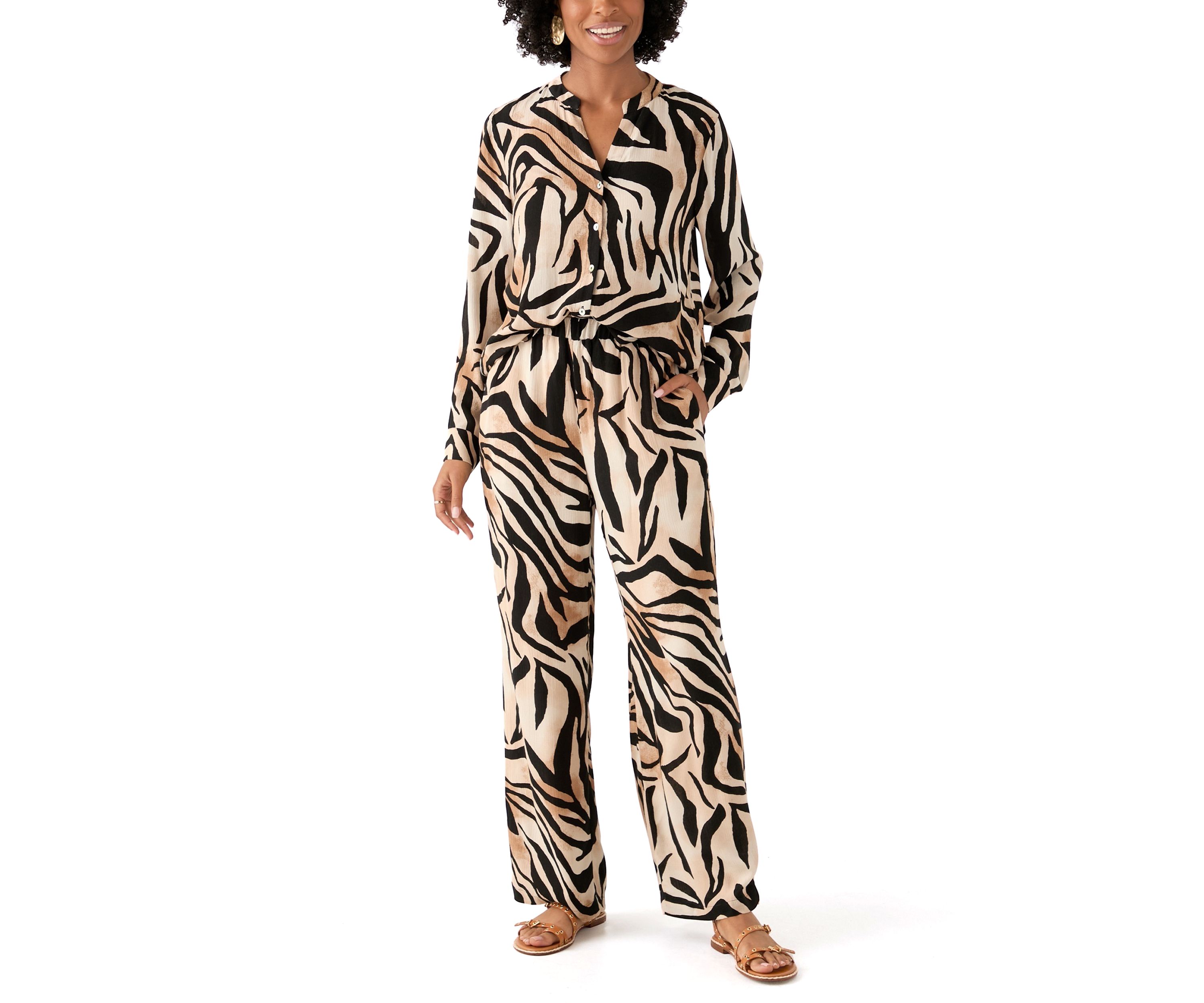 Womens Zebra Printed Button Front Split Neck Blouse