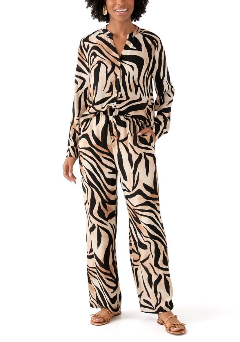 Womens Zebra Printed Button Front Split Neck Blouse