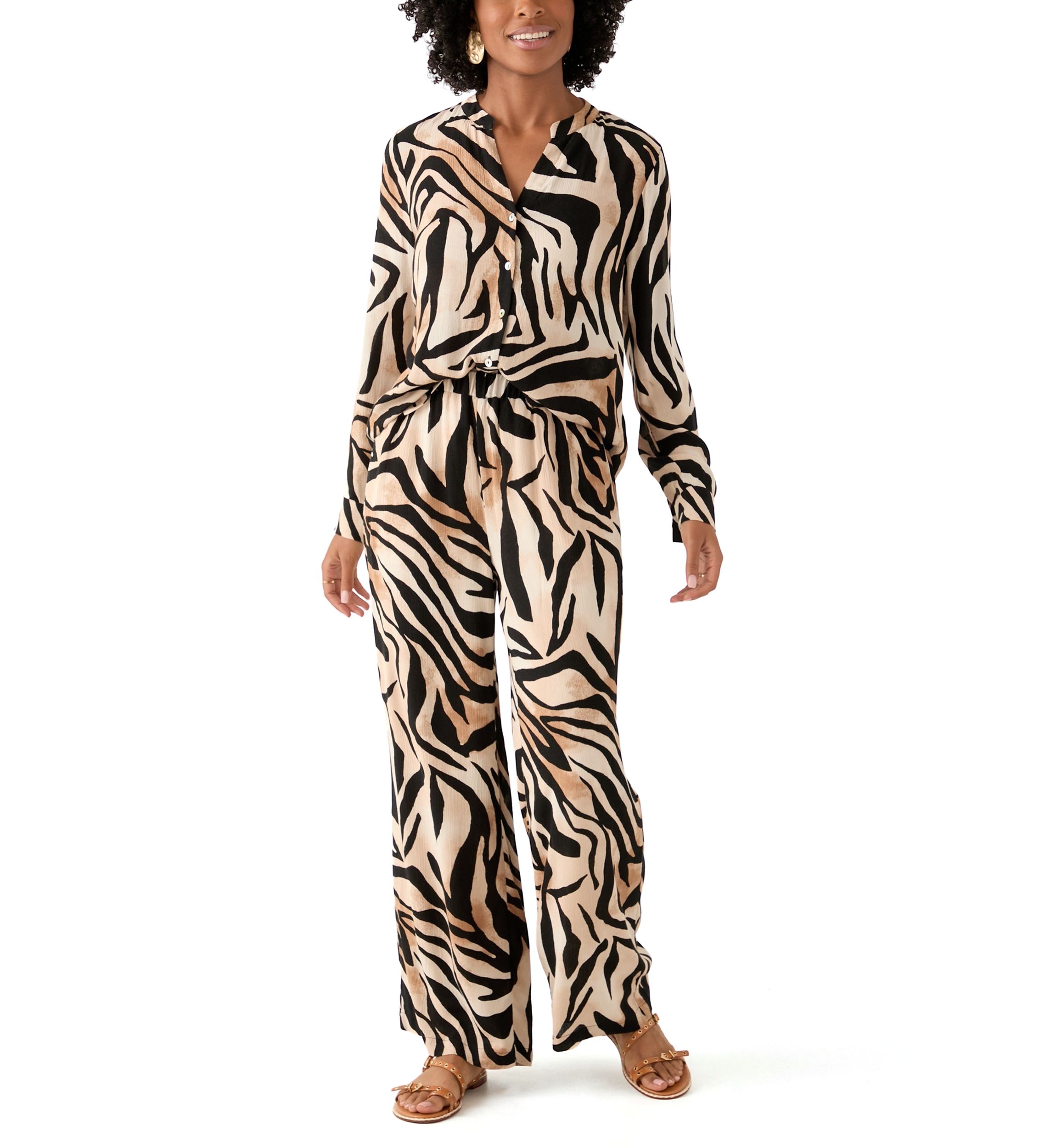 Womens Pull On Zebra Printed Wide Leg Pants