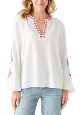 PHILOSOPHY BY REPUBLIC Women's Linen Blend Split Neck Embellished Blouse