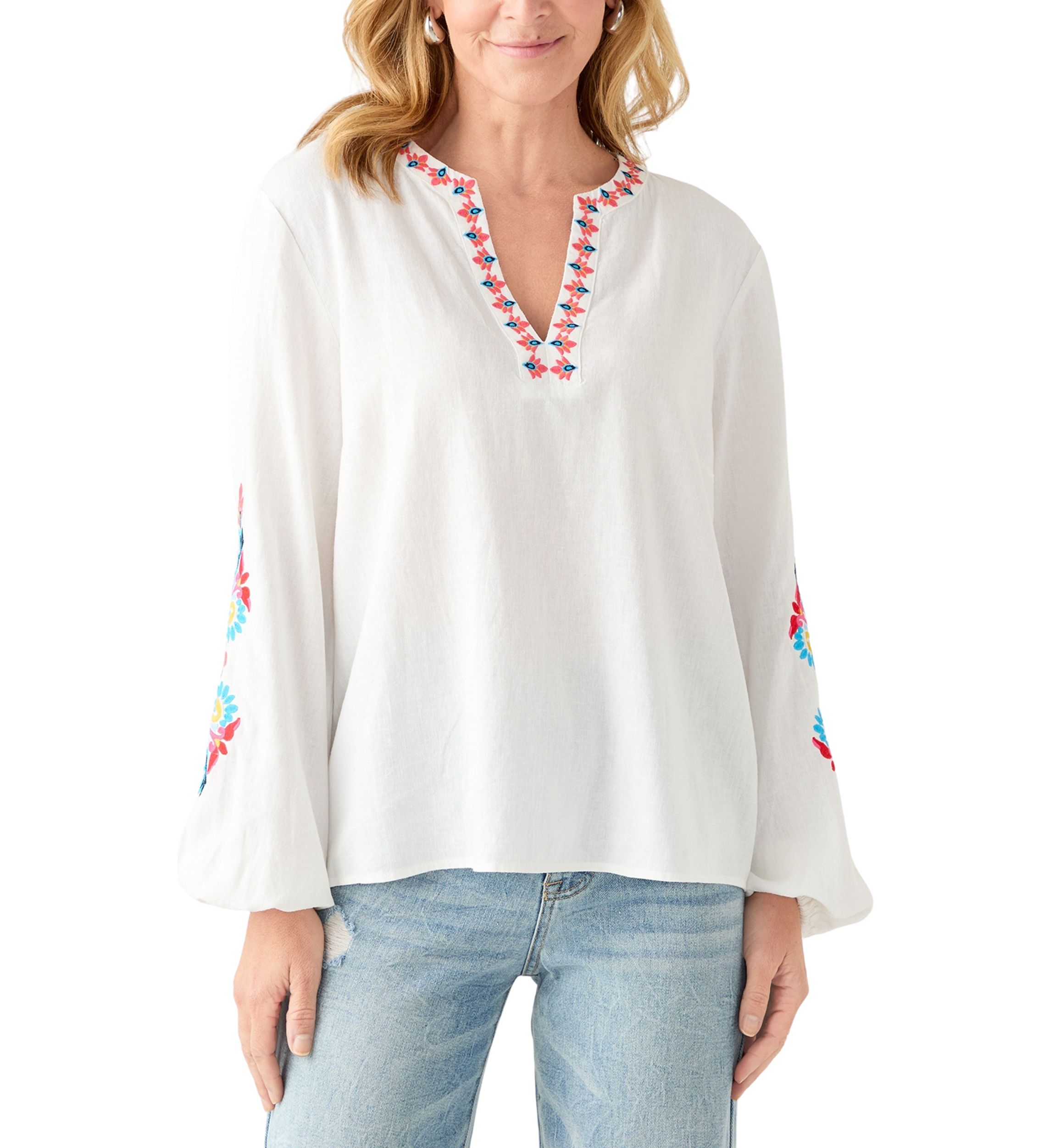Womens Linen Blend Split Neck Embellished Blouse 