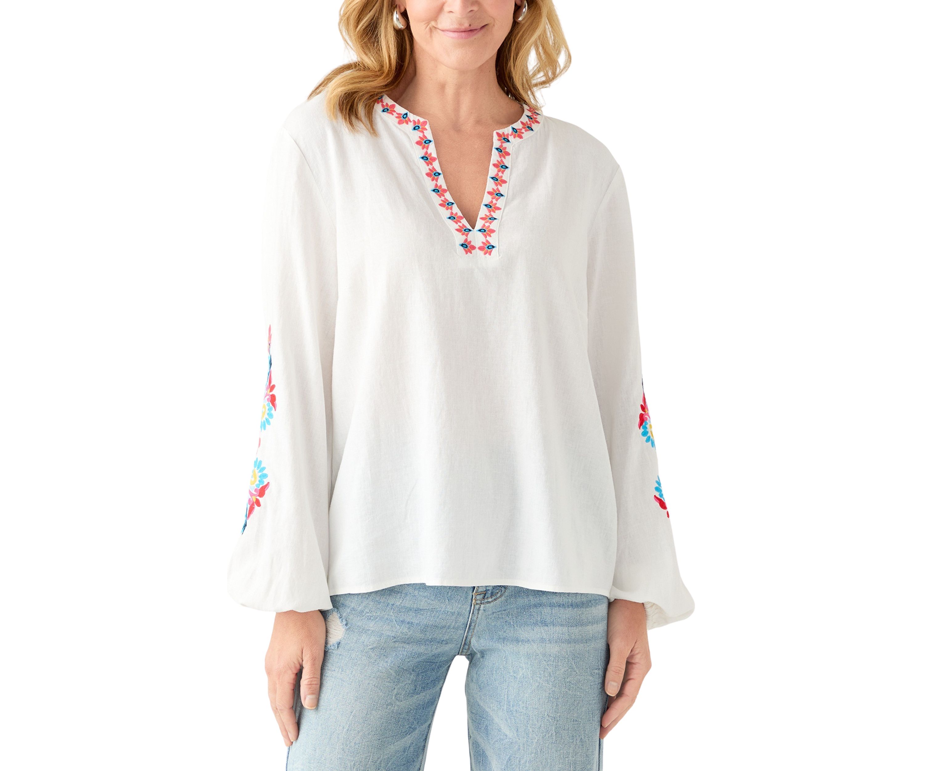 Womens Linen Blend Split Neck Embellished Blouse 
