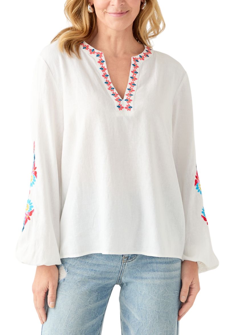Womens Linen Blend Split Neck Embellished Blouse 