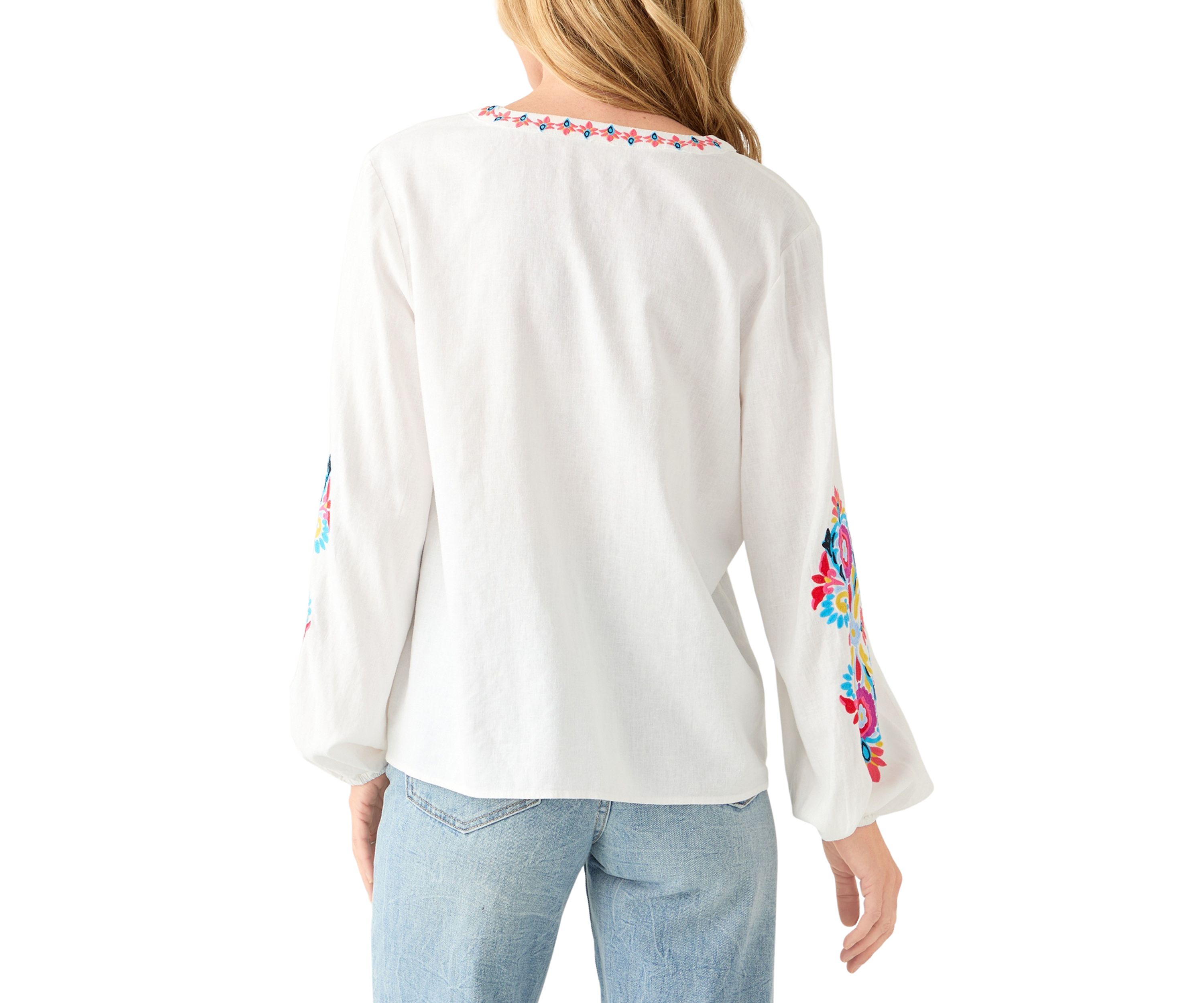 Womens Linen Blend Split Neck Embellished Blouse 