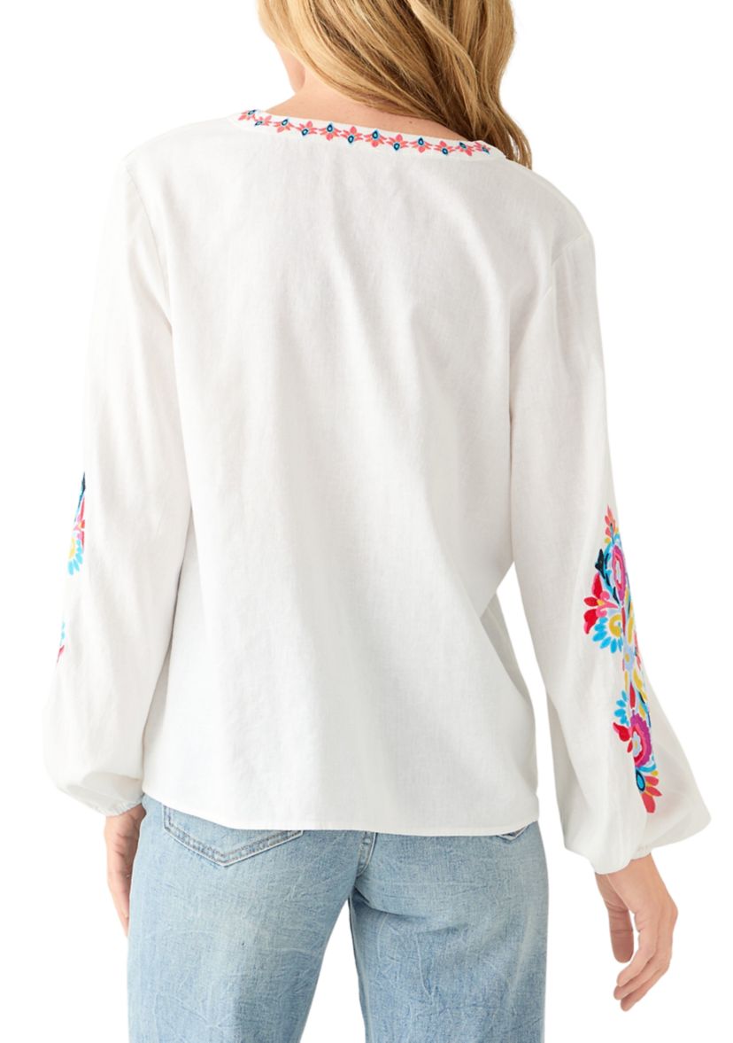Womens Linen Blend Split Neck Embellished Blouse 