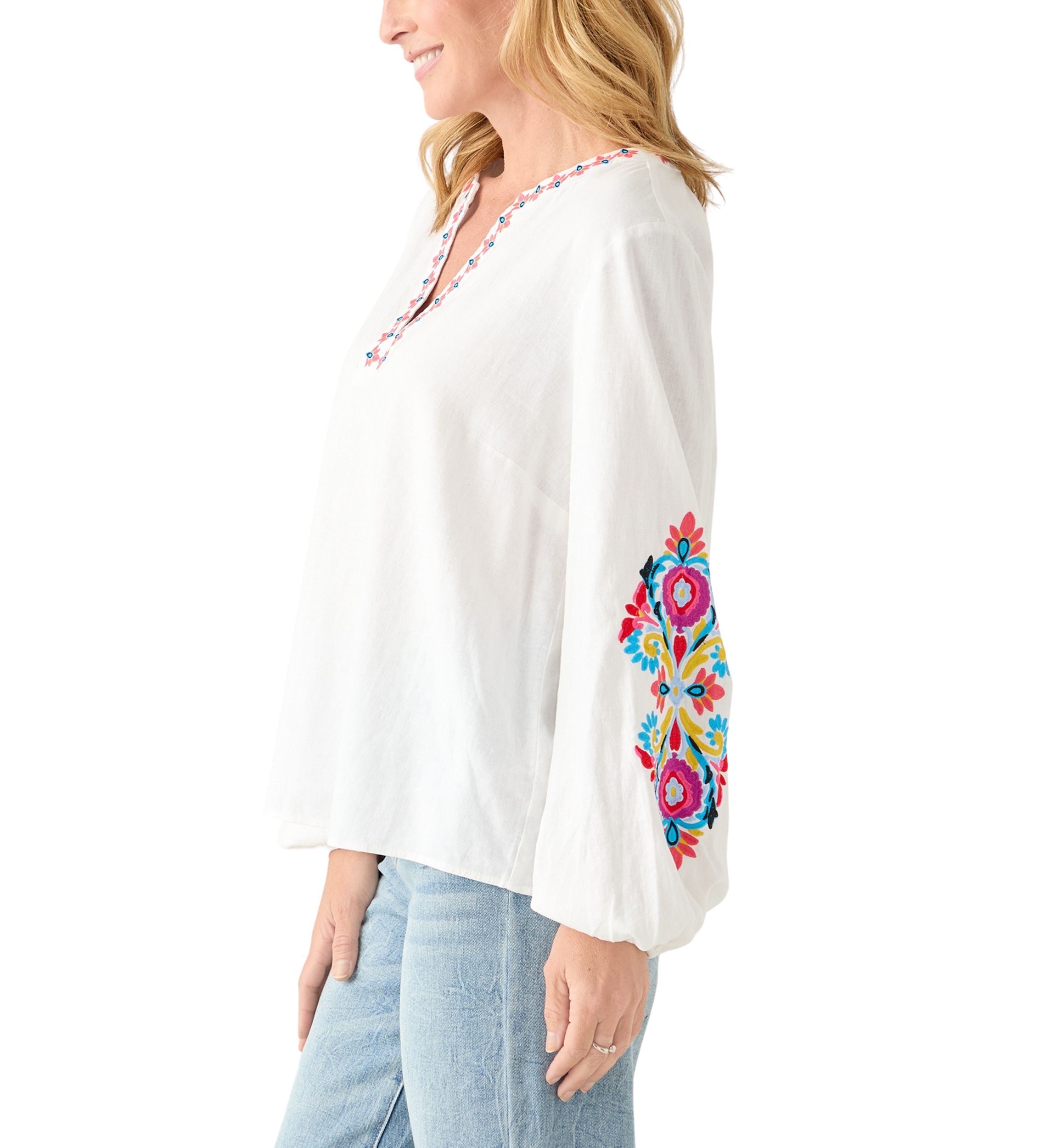 Womens Linen Blend Split Neck Embellished Blouse 