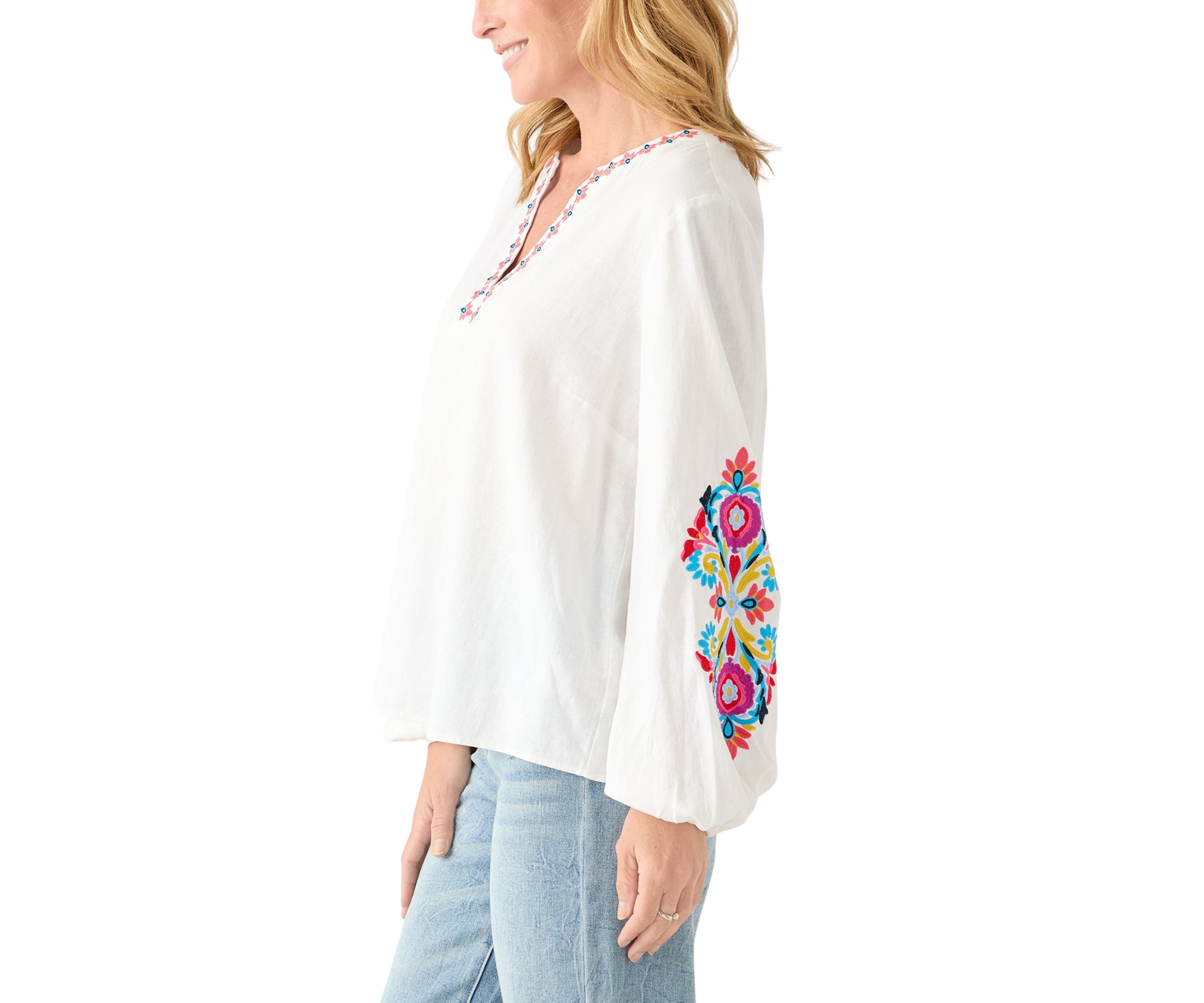 Womens Linen Blend Split Neck Embellished Blouse 