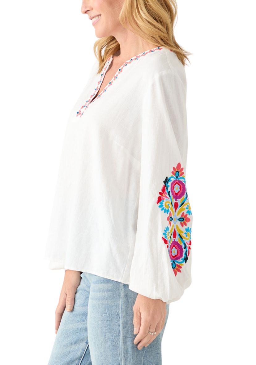 Womens Linen Blend Split Neck Embellished Blouse 