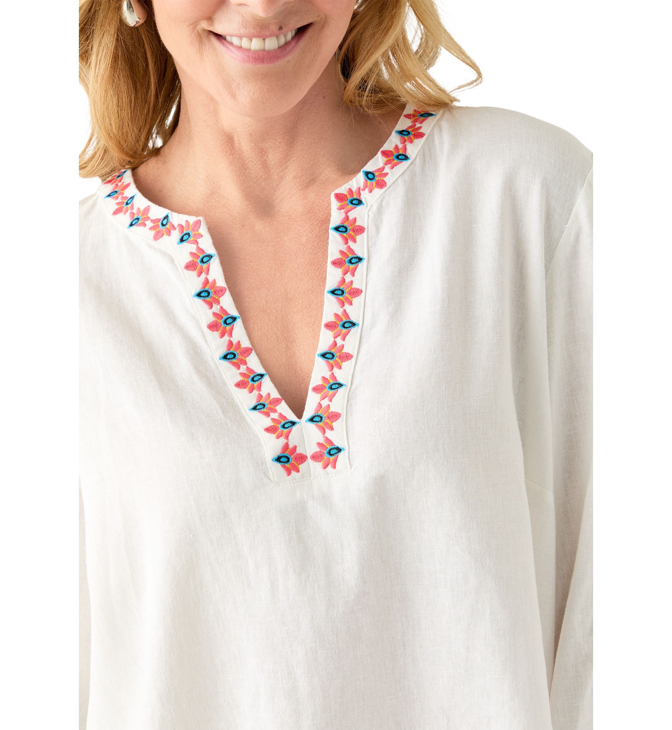 Womens Linen Blend Split Neck Embellished Blouse 