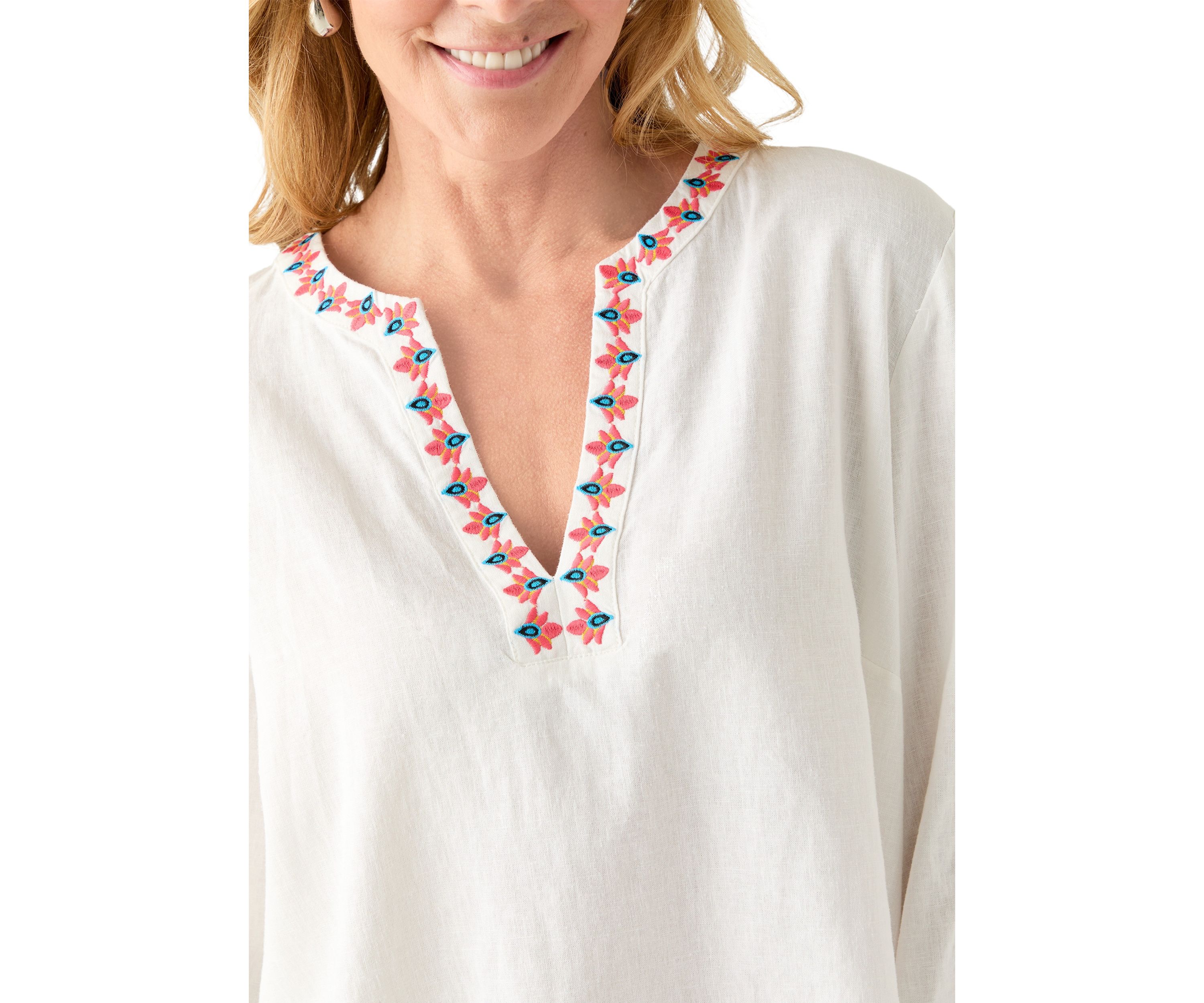 Womens Linen Blend Split Neck Embellished Blouse 