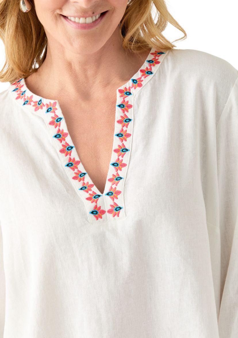 Womens Linen Blend Split Neck Embellished Blouse 