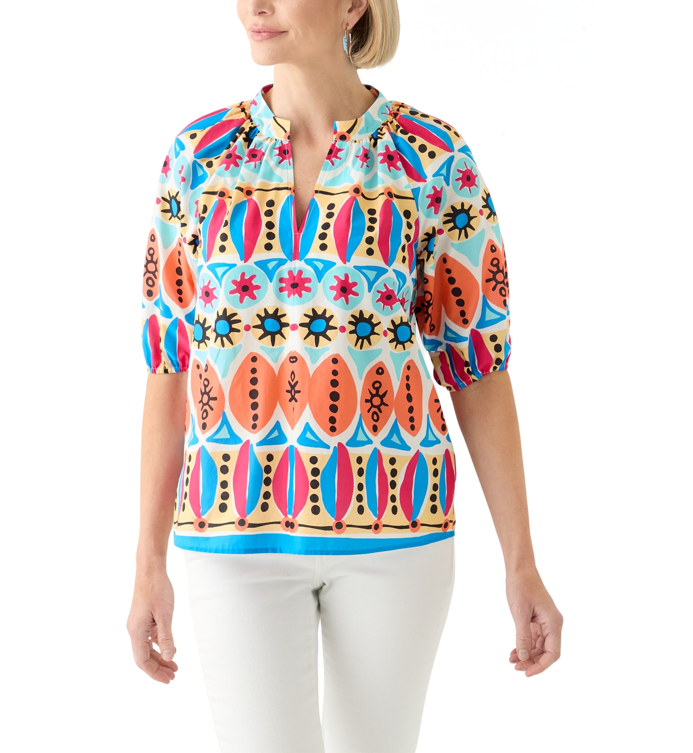 Womens Elbow Sleeve Printed Blouse