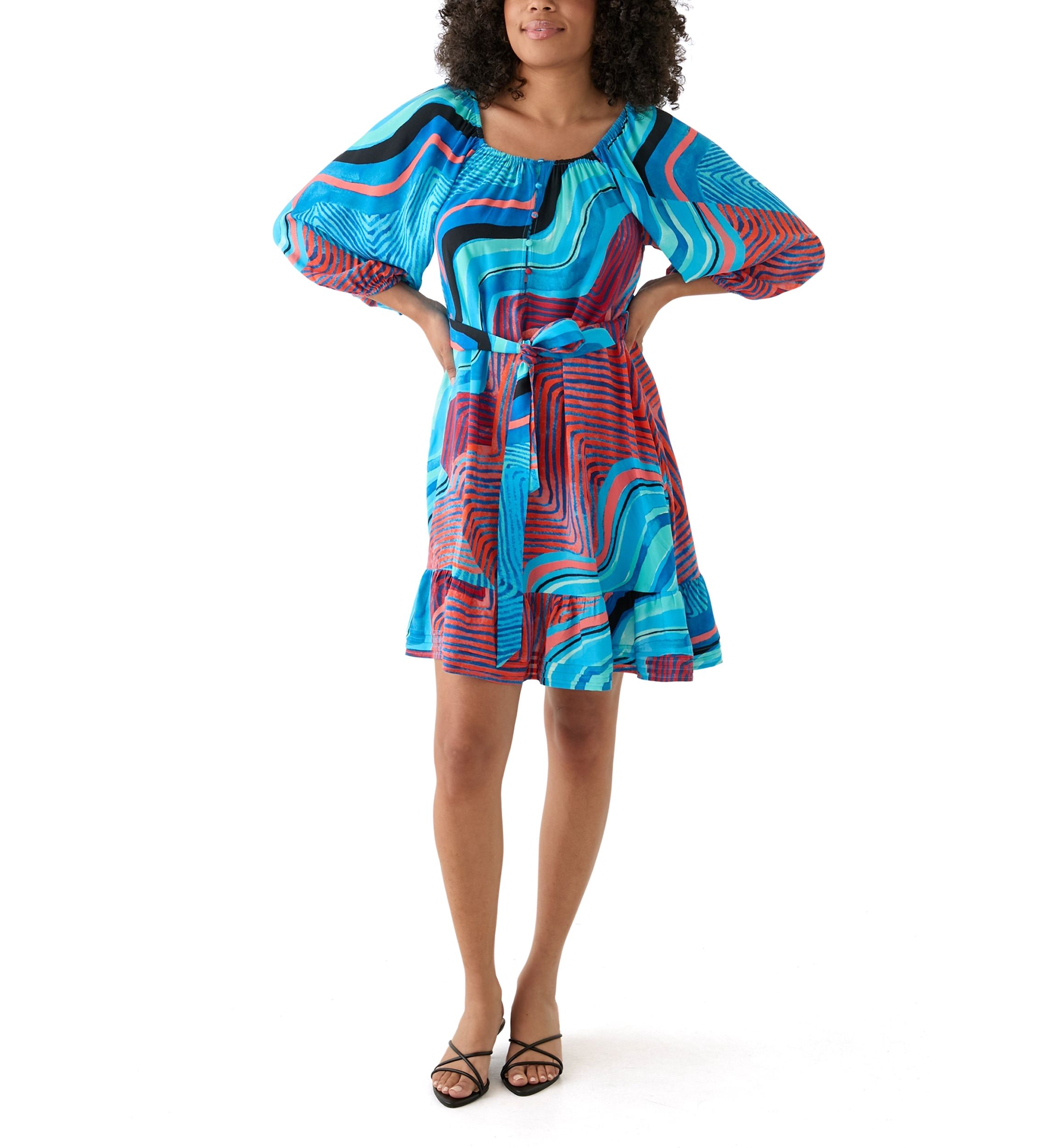 Womens Blouson Sleeve Printed Belted Dress