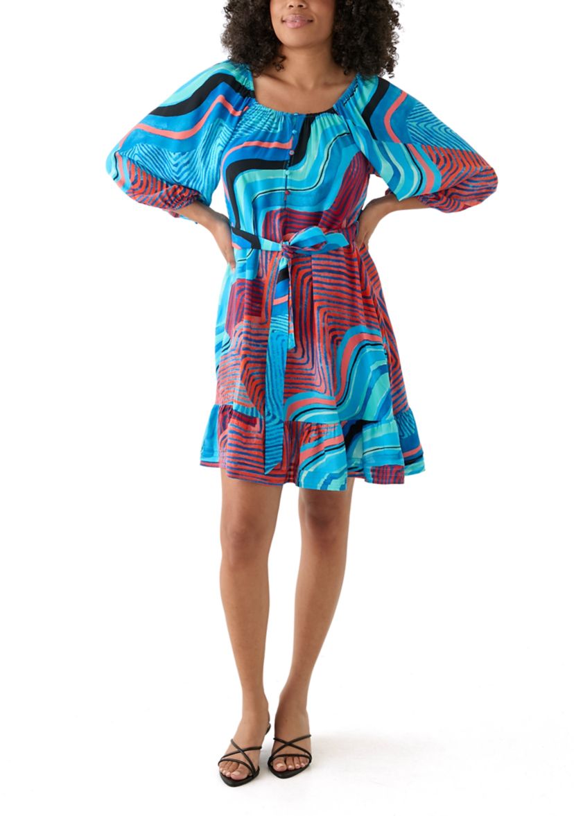 Womens Blouson Sleeve Printed Belted Dress