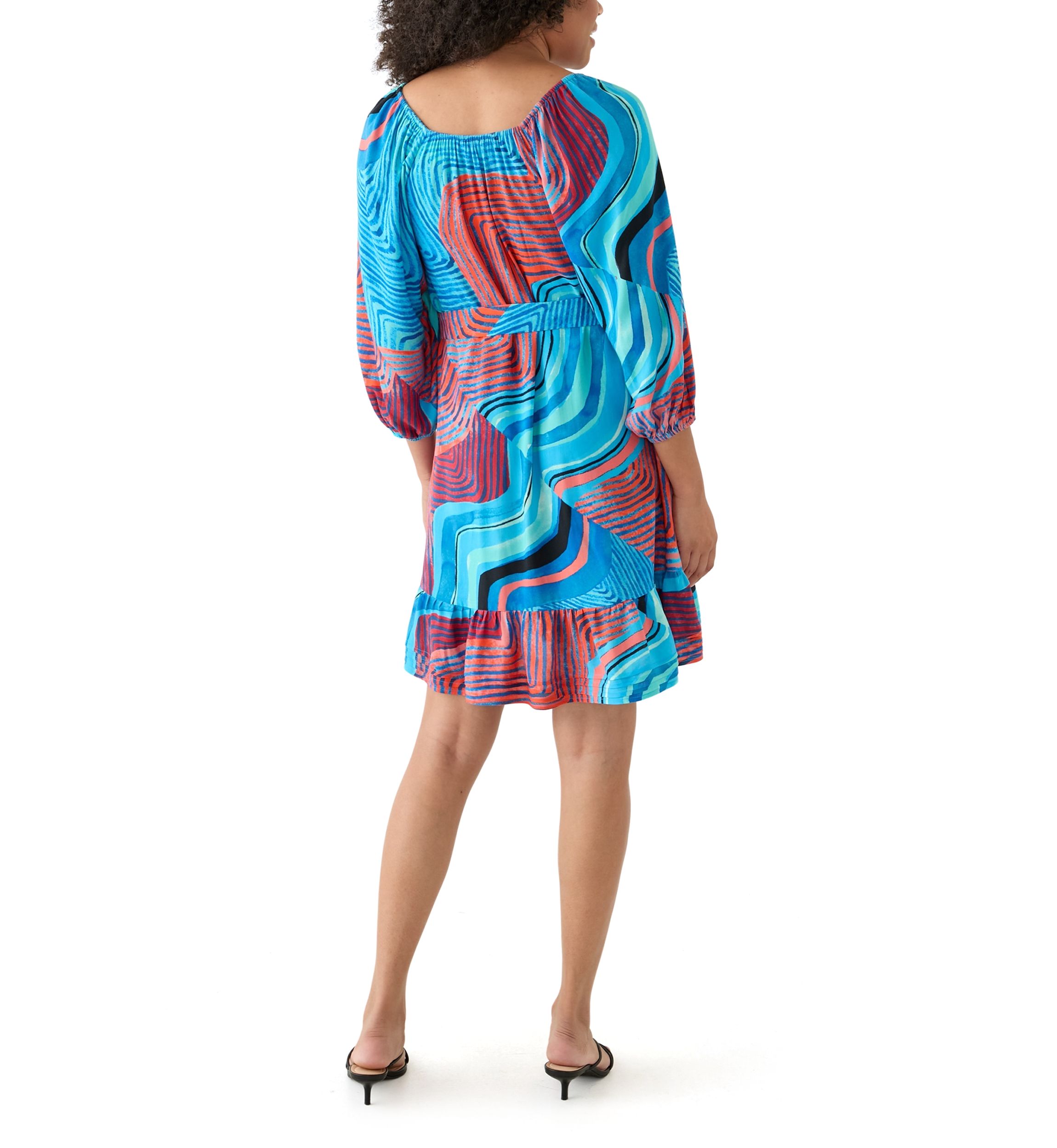 Womens Blouson Sleeve Printed Belted Dress