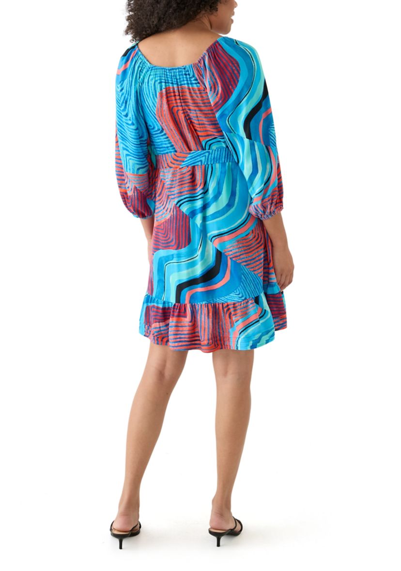 Womens Blouson Sleeve Printed Belted Dress
