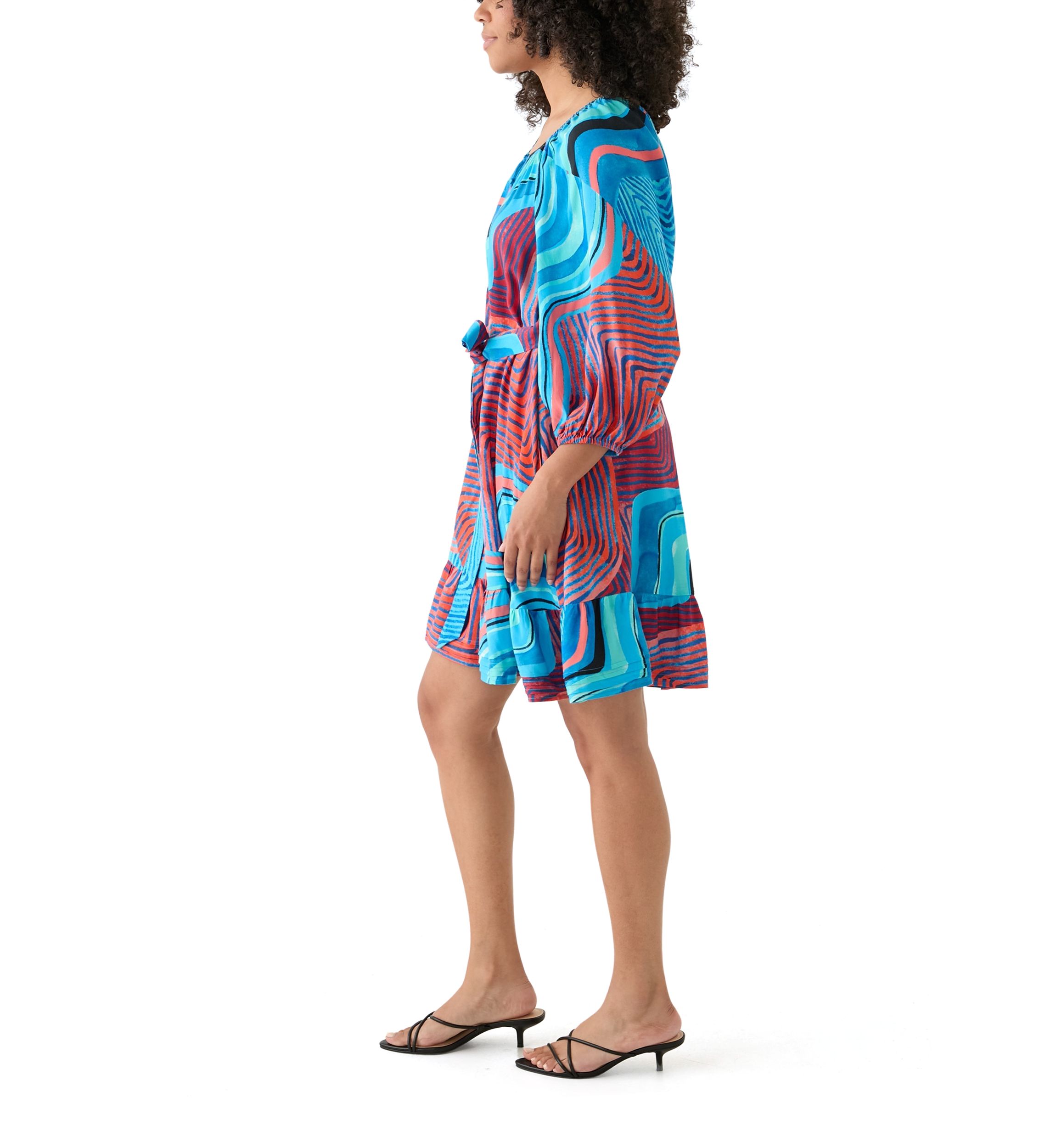 Womens Blouson Sleeve Printed Belted Dress