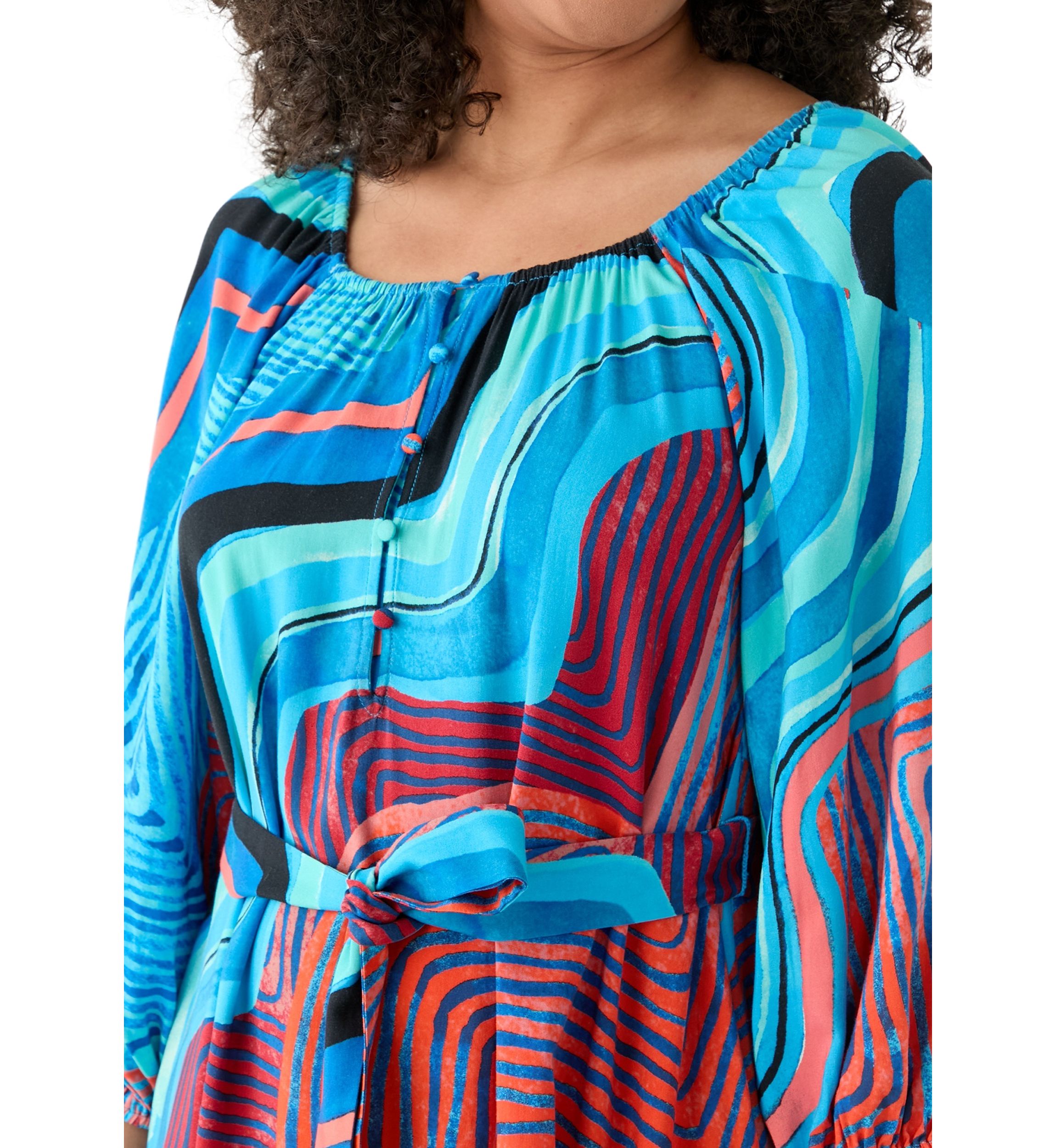 Womens Blouson Sleeve Printed Belted Dress
