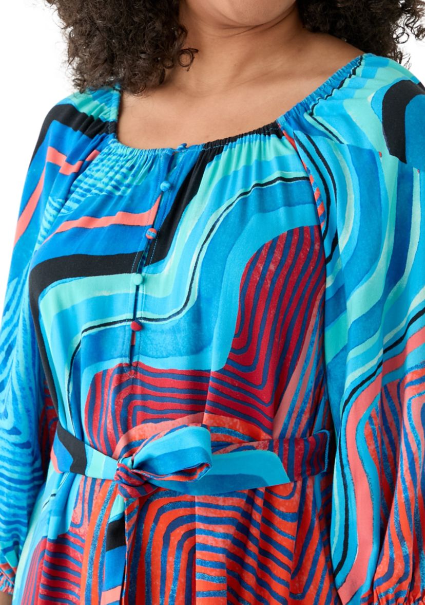 Womens Blouson Sleeve Printed Belted Dress