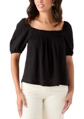 PHILOSOPHY BY REPUBLIC Women's Smocked Gauze Top, Black, XS