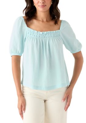 PHILOSOPHY BY REPUBLIC Women's Smocked Gauze Top, Light Blue, Small