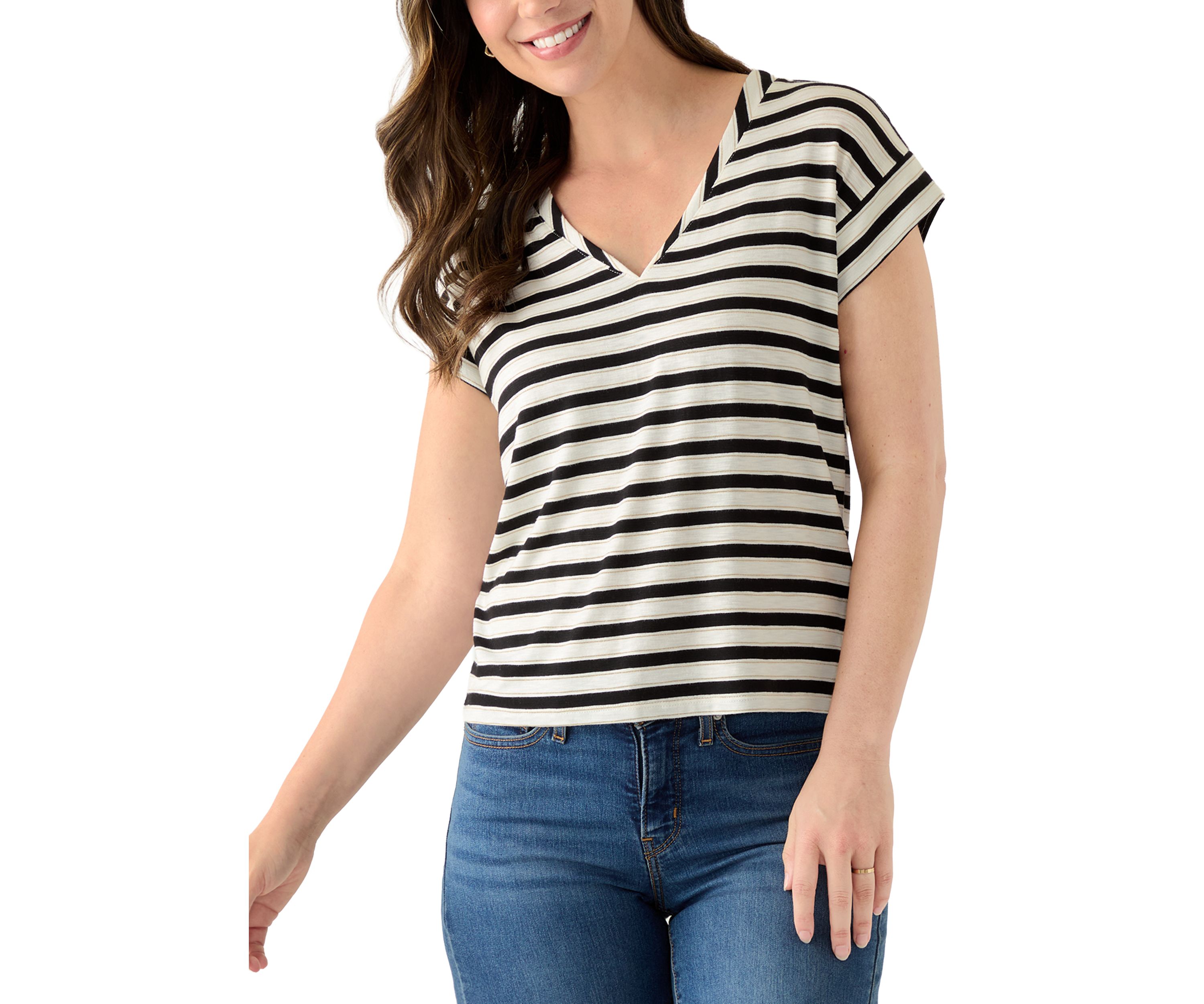 Womens Cap Sleeve V-Neck Striped Shirt