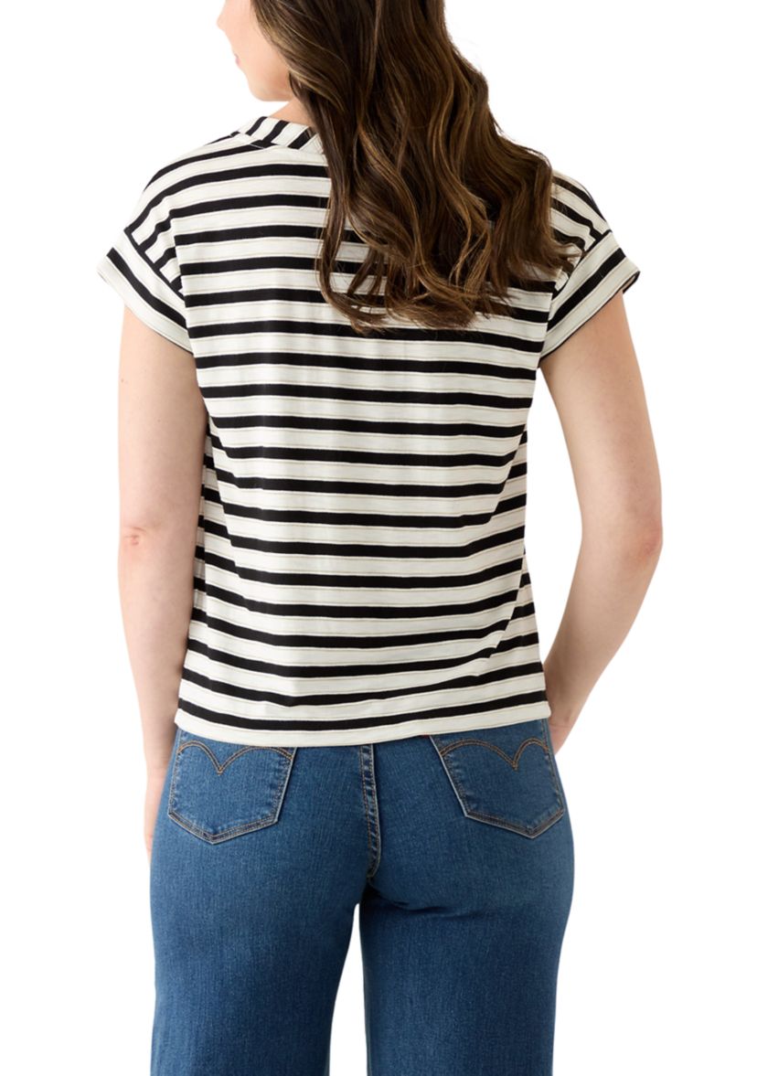 Womens Cap Sleeve V-Neck Striped Shirt