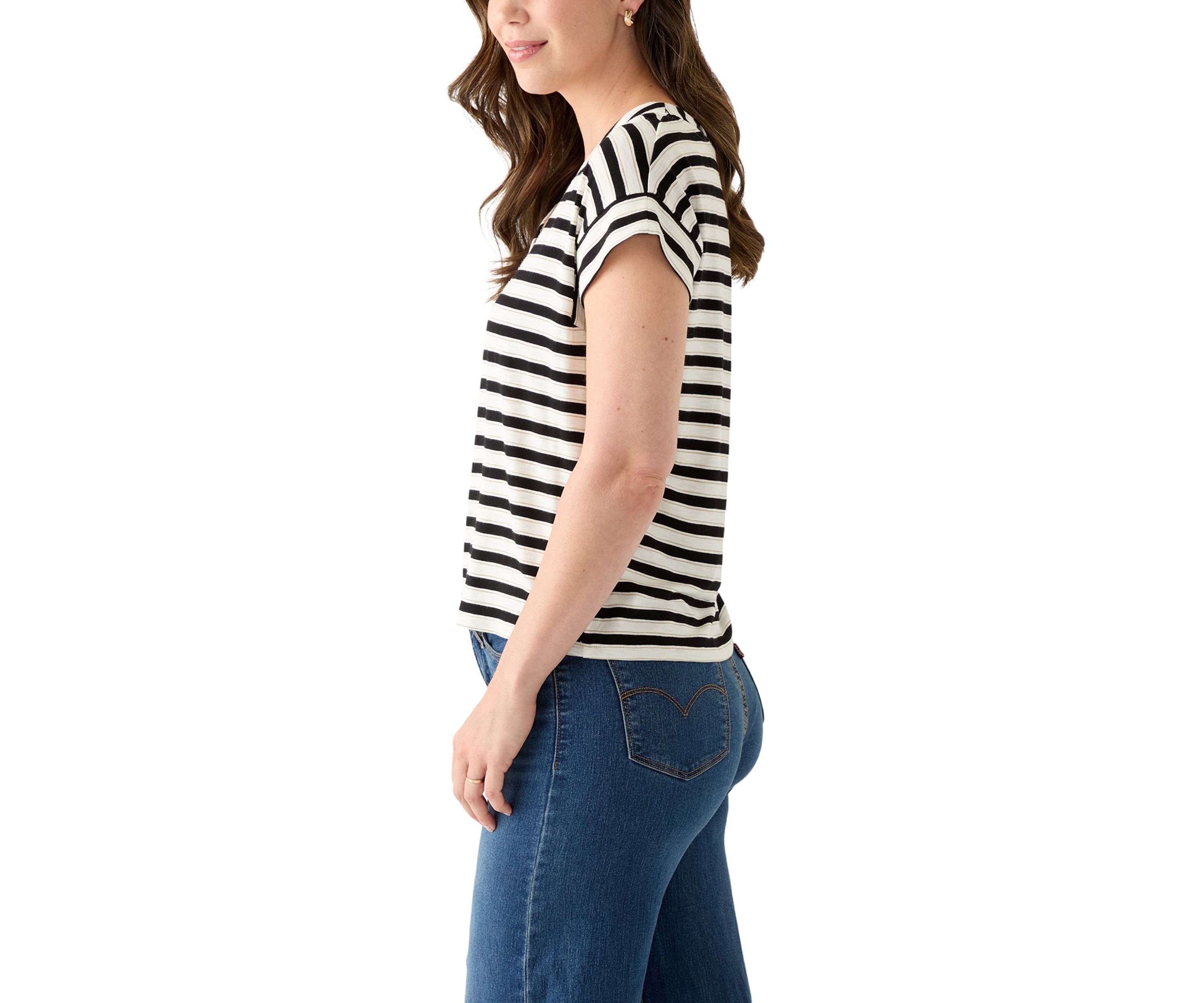 Womens Cap Sleeve V-Neck Striped Shirt