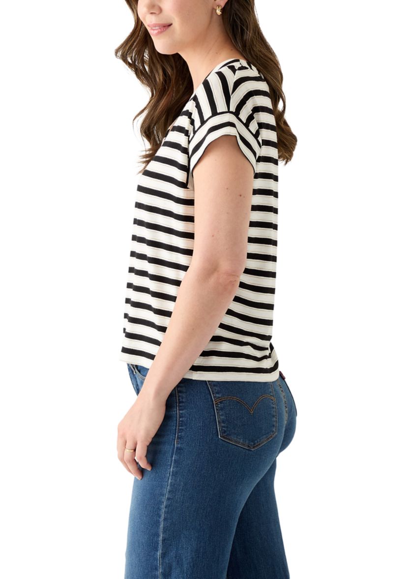 Womens Cap Sleeve V-Neck Striped Shirt