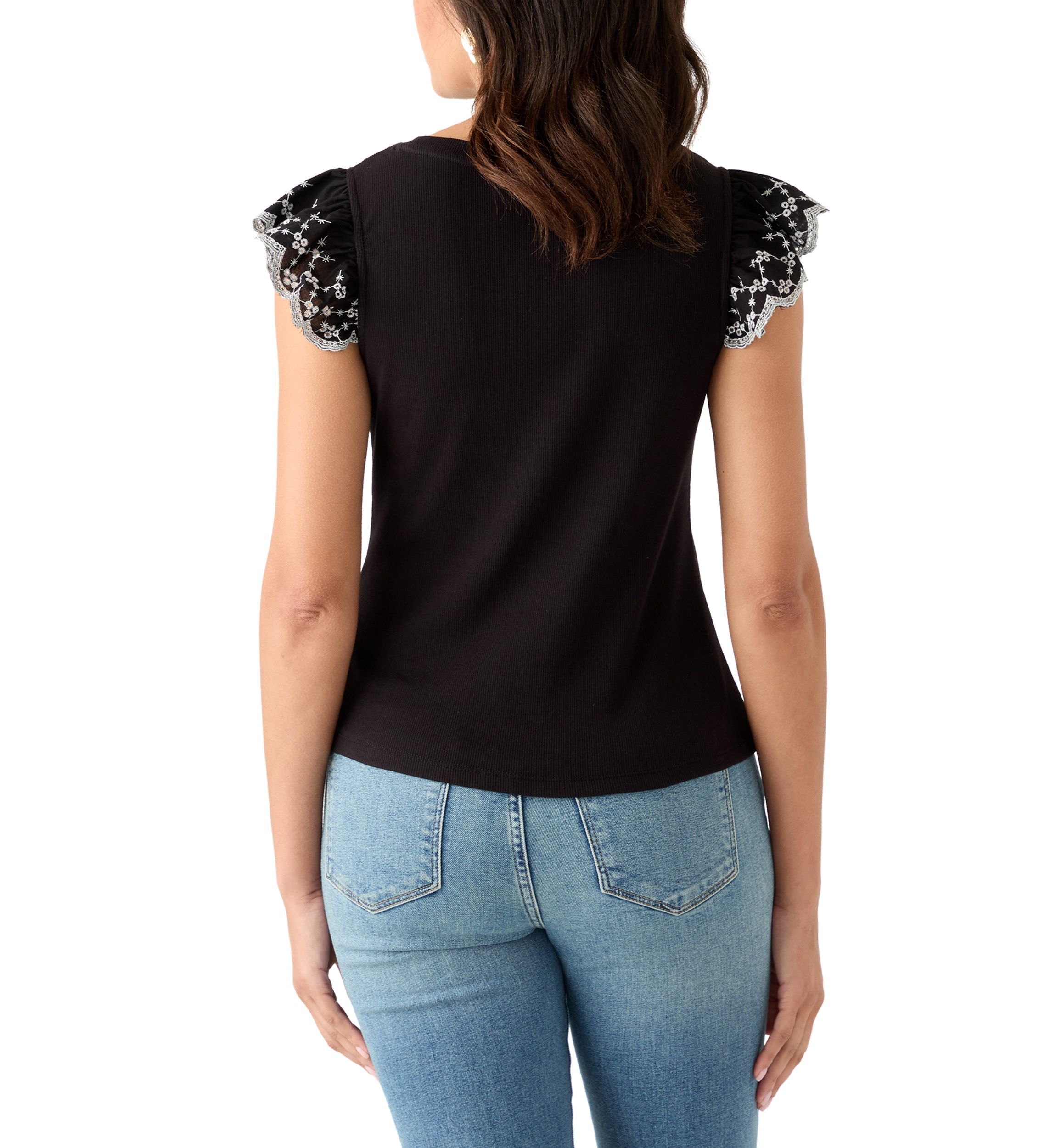 Womens Embroidered Eyelet Sleeve Mixed Media Top