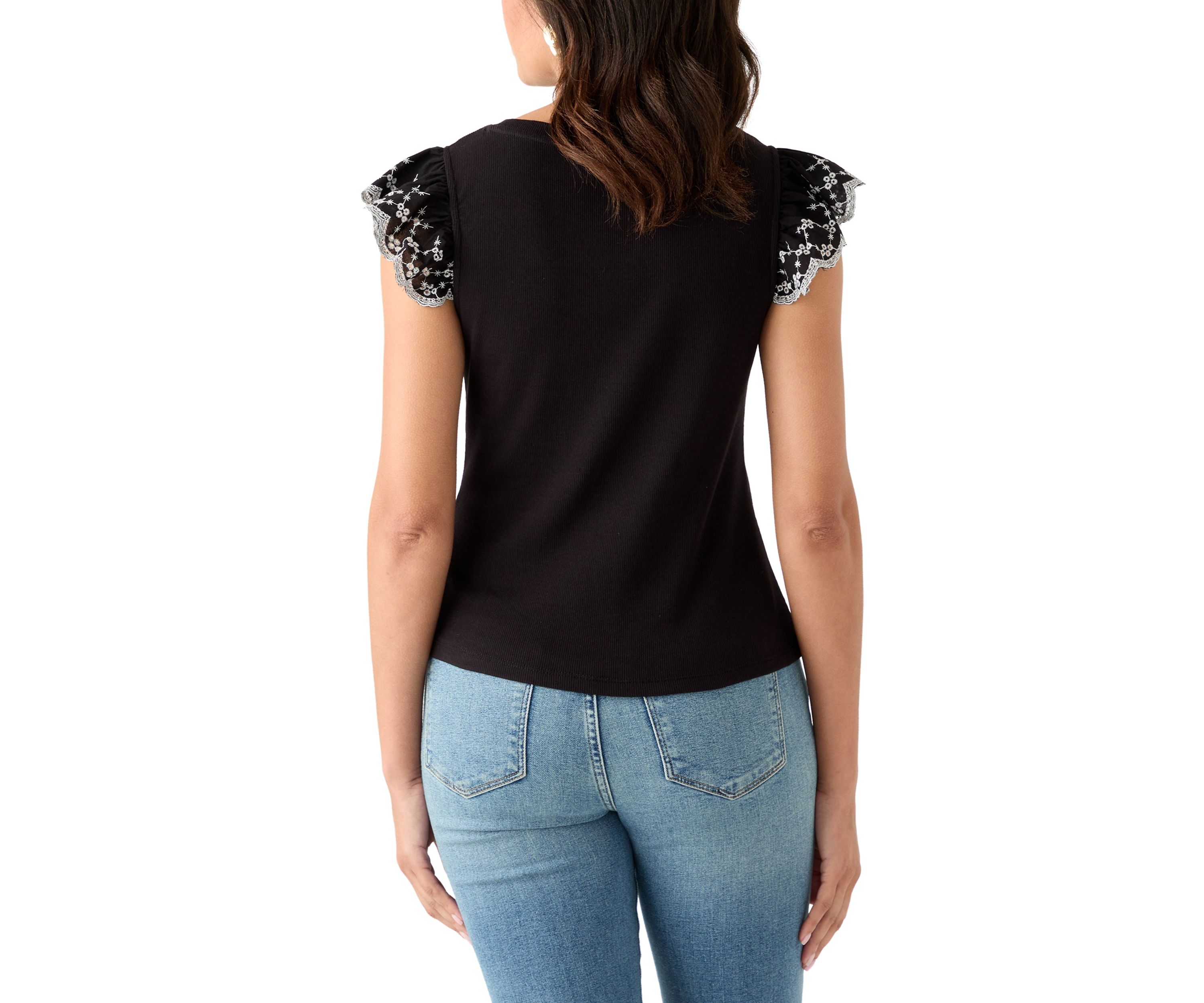 Womens Embroidered Eyelet Sleeve Mixed Media Top