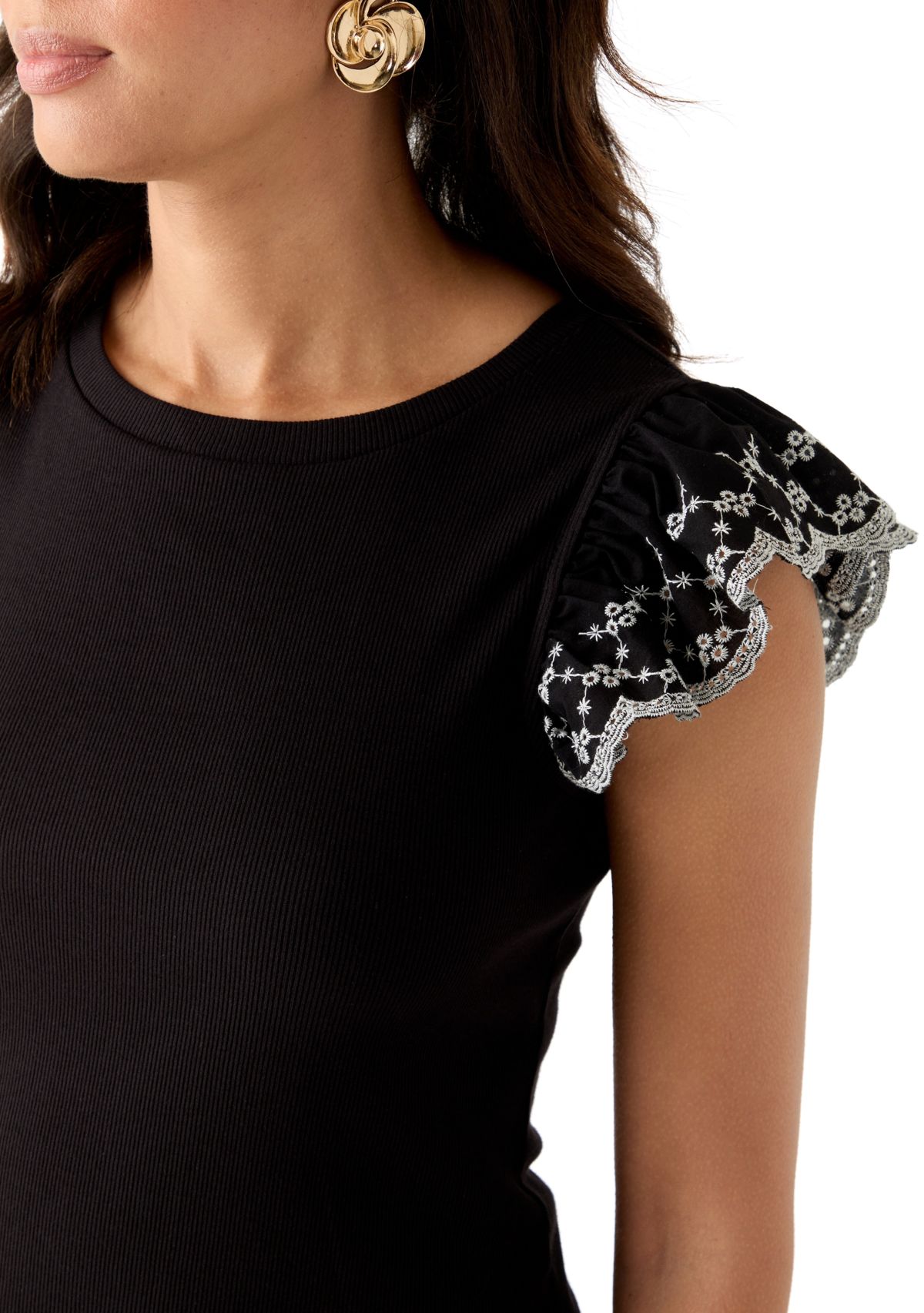 Womens Embroidered Eyelet Sleeve Mixed Media Top