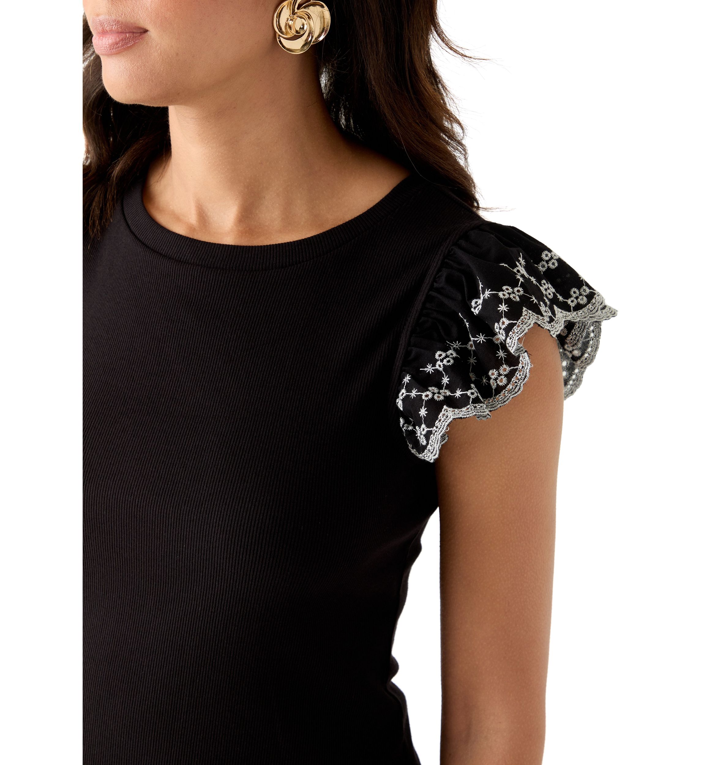 Womens Embroidered Eyelet Sleeve Mixed Media Top