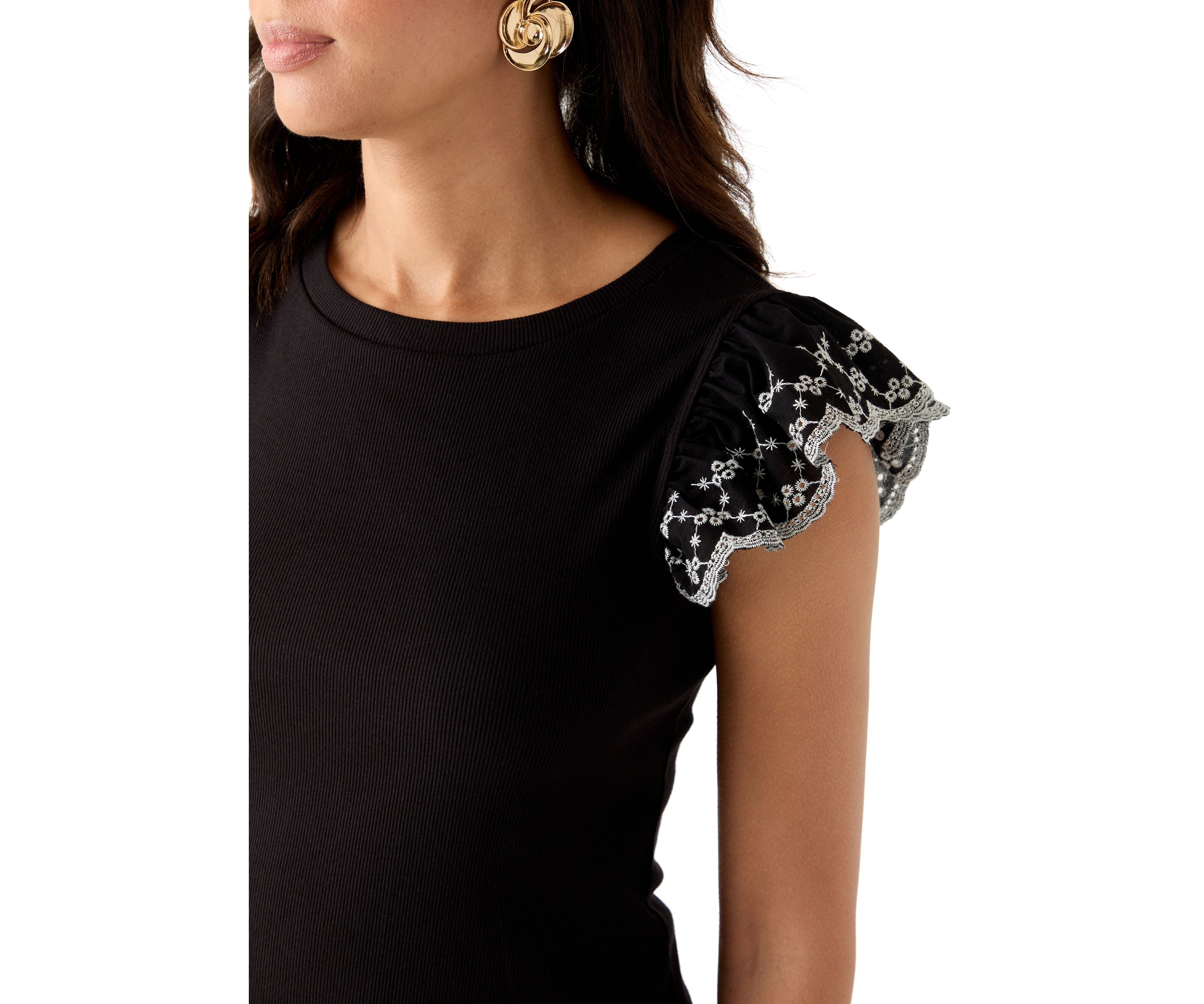 Womens Embroidered Eyelet Sleeve Mixed Media Top