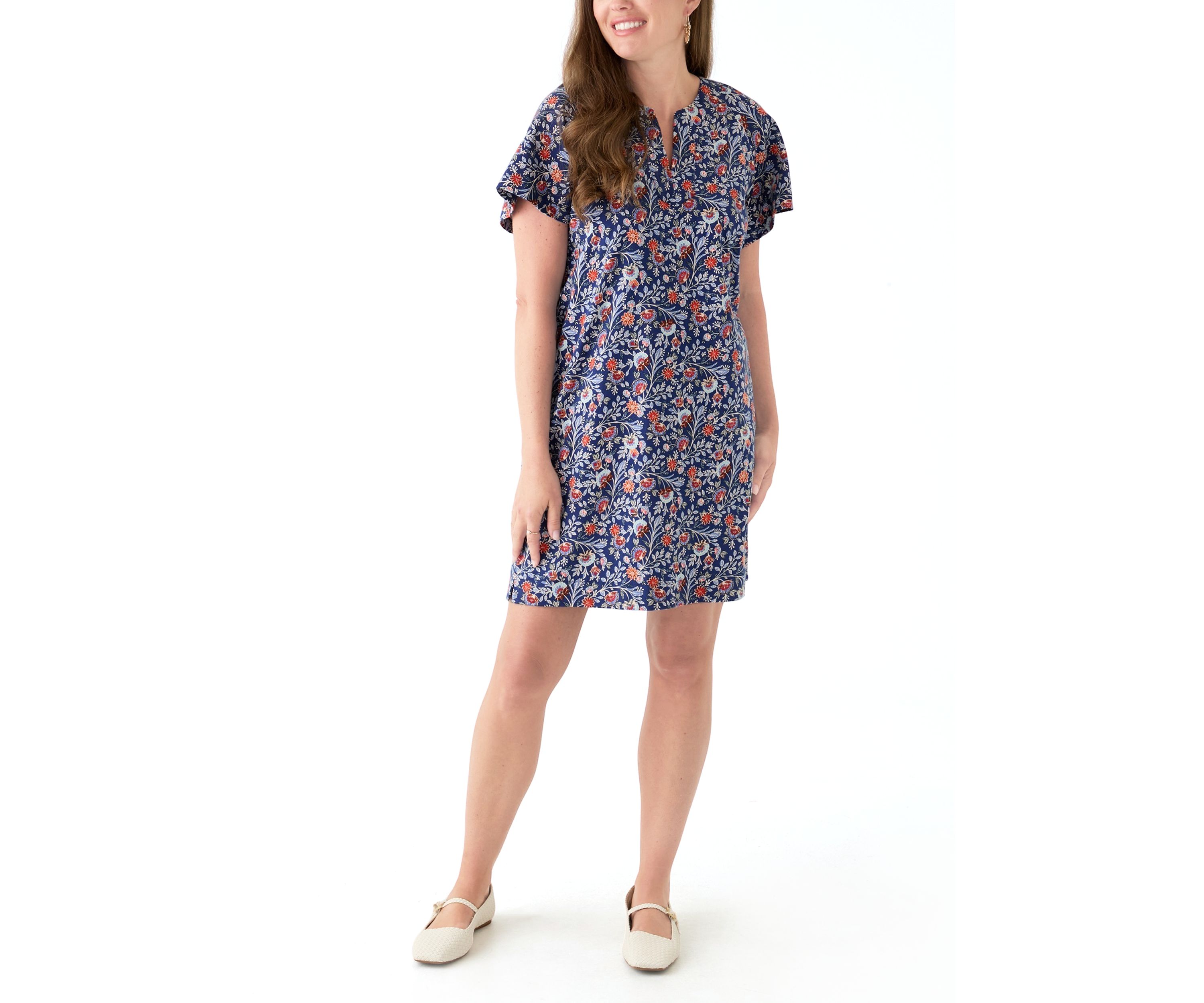 Petite Short Sleeve Split Neck Mini Dress