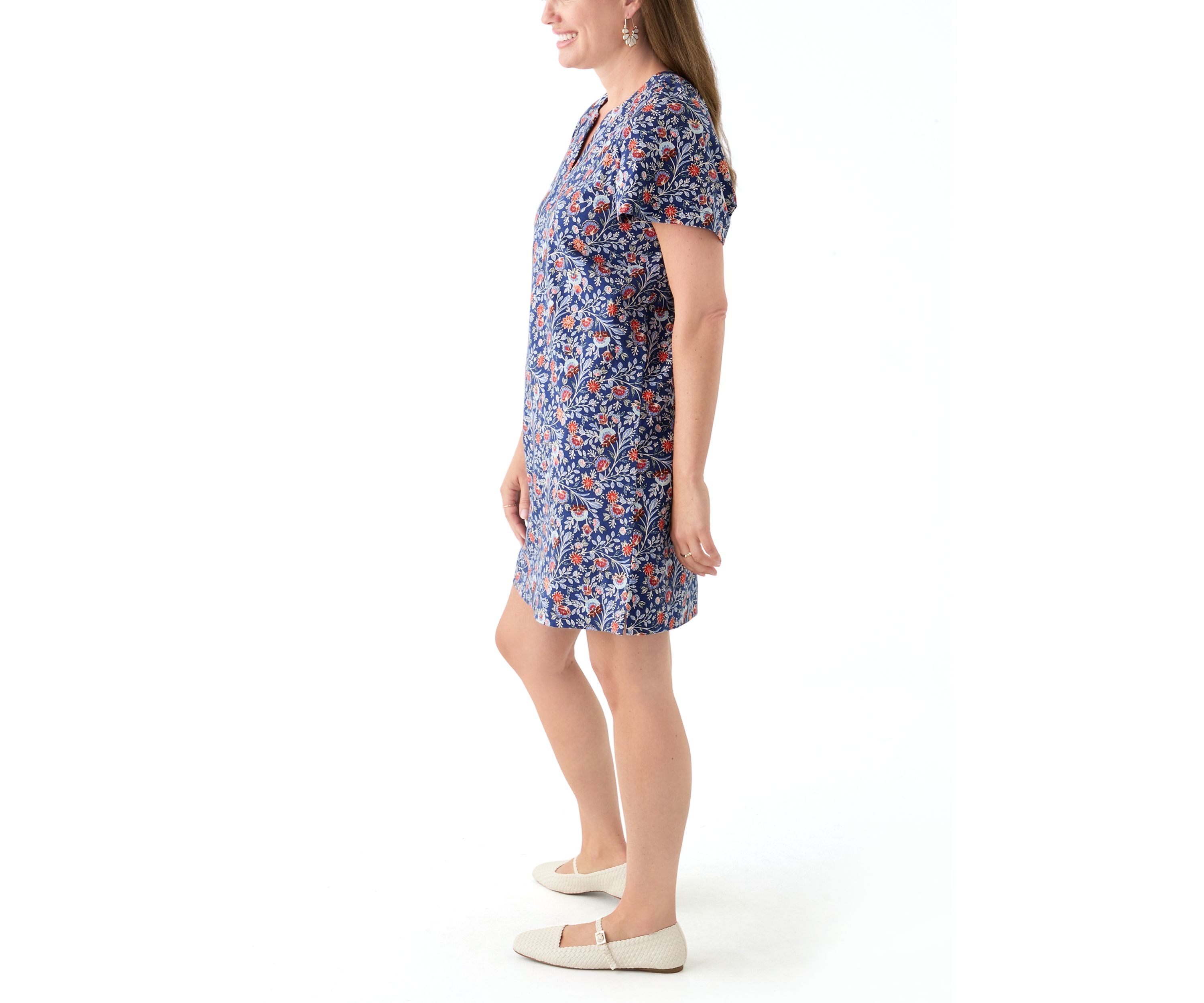 Petite Short Sleeve Split Neck Mini Dress