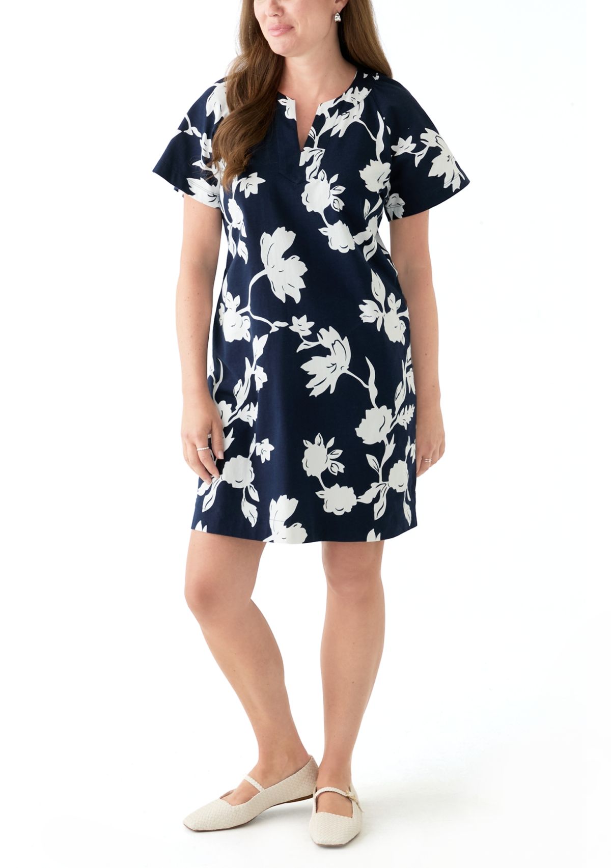 Petite Short Sleeve Split Neck Mini Dress