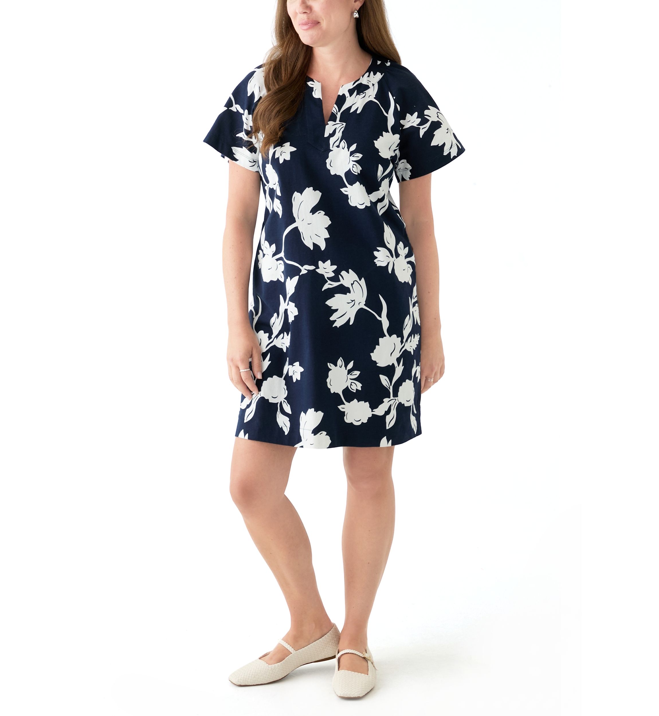 Petite Short Sleeve Split Neck Mini Dress