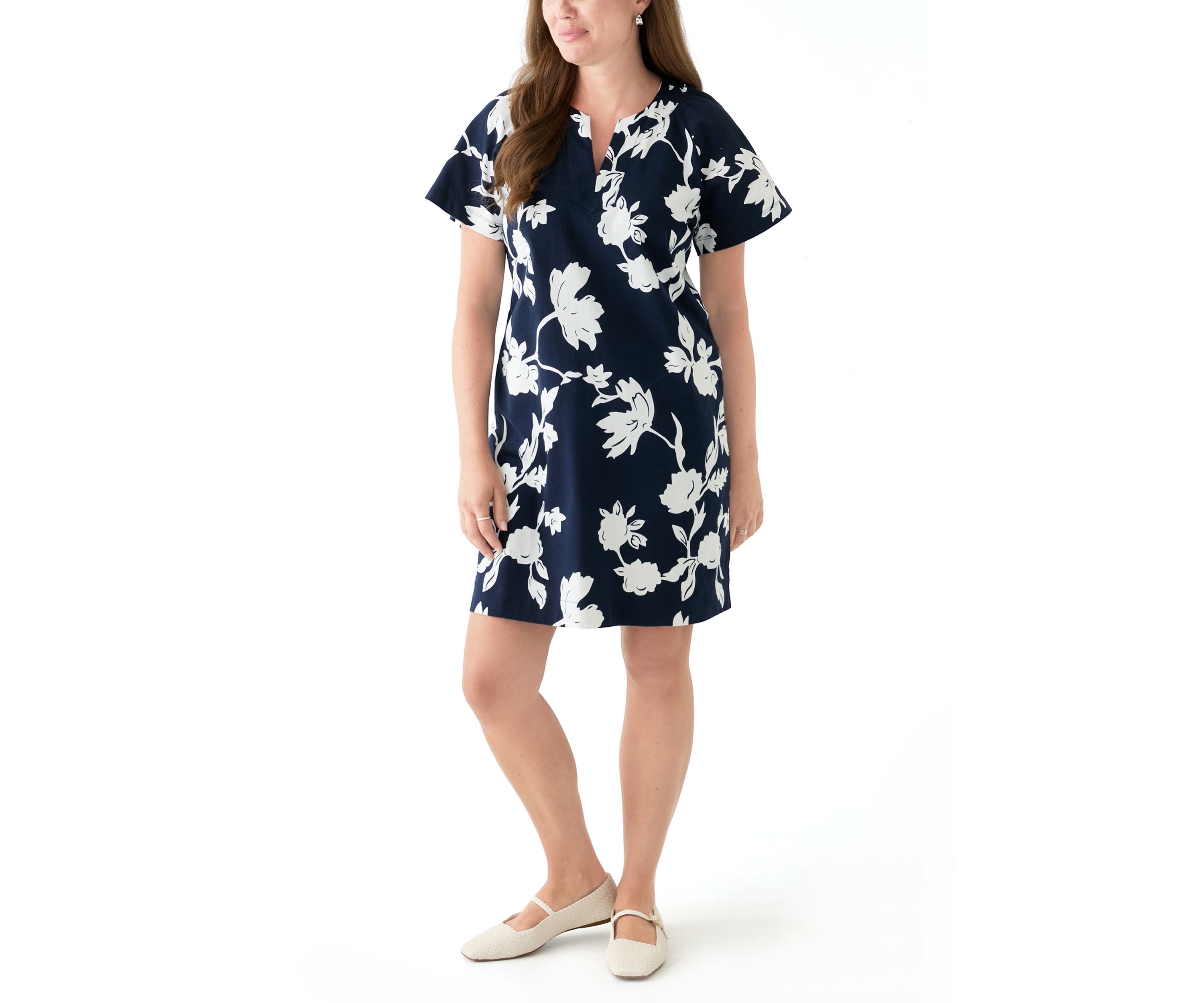Petite Short Sleeve Split Neck Mini Dress