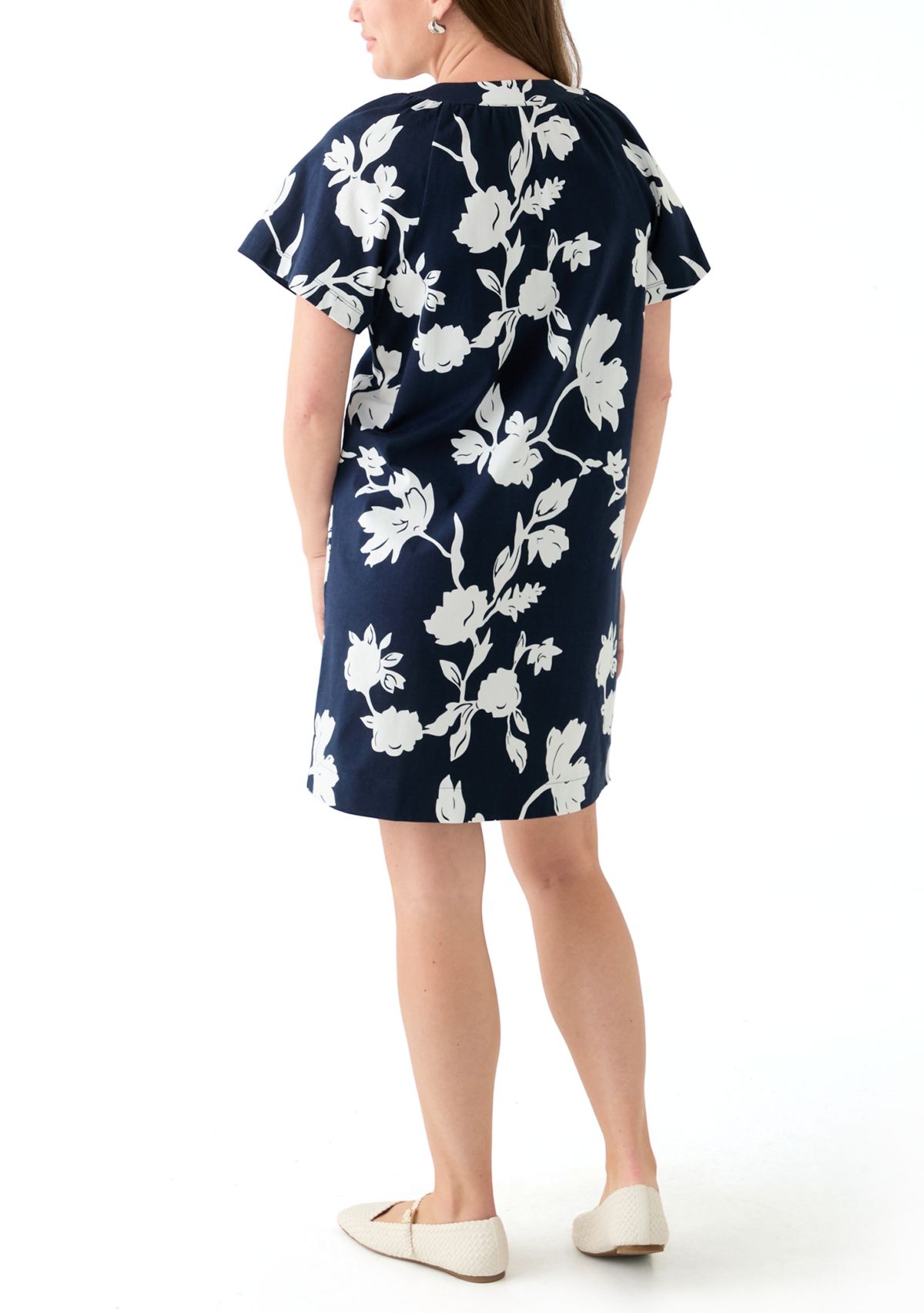 Petite Short Sleeve Split Neck Mini Dress