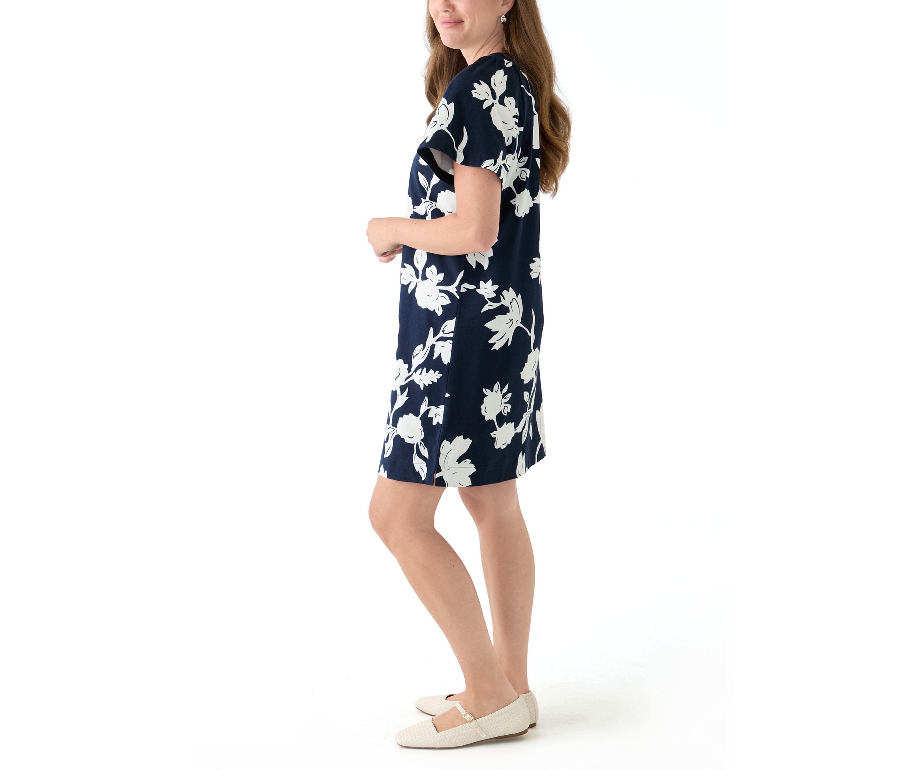 Petite Short Sleeve Split Neck Mini Dress