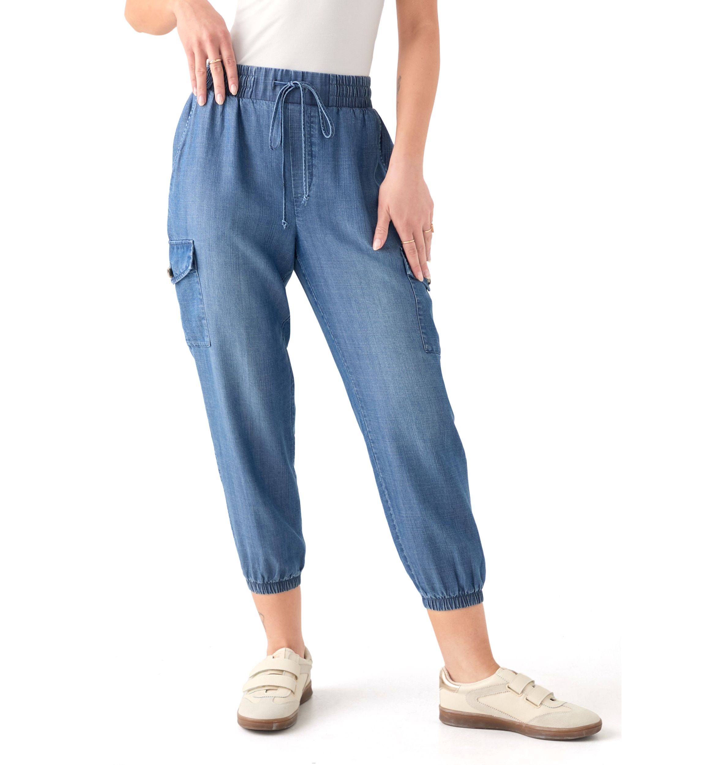 Petite Pull-On Tie Waist Drawstring Cargo Jogger Pants with Patch Pockets 