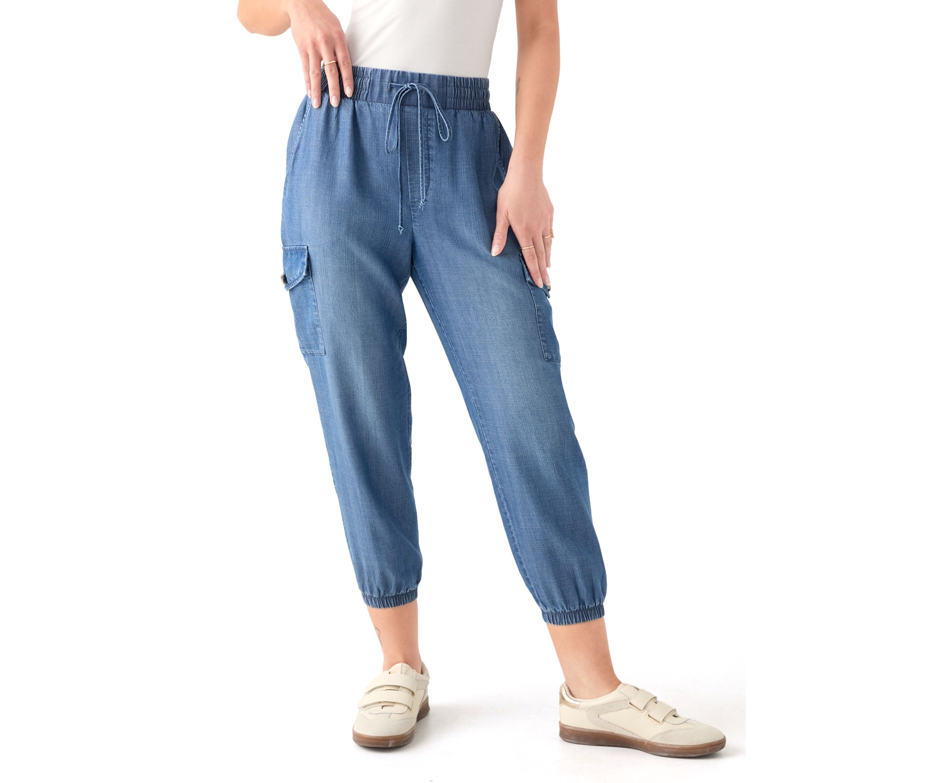 Petite Pull-On Tie Waist Drawstring Cargo Jogger Pants with Patch Pockets 